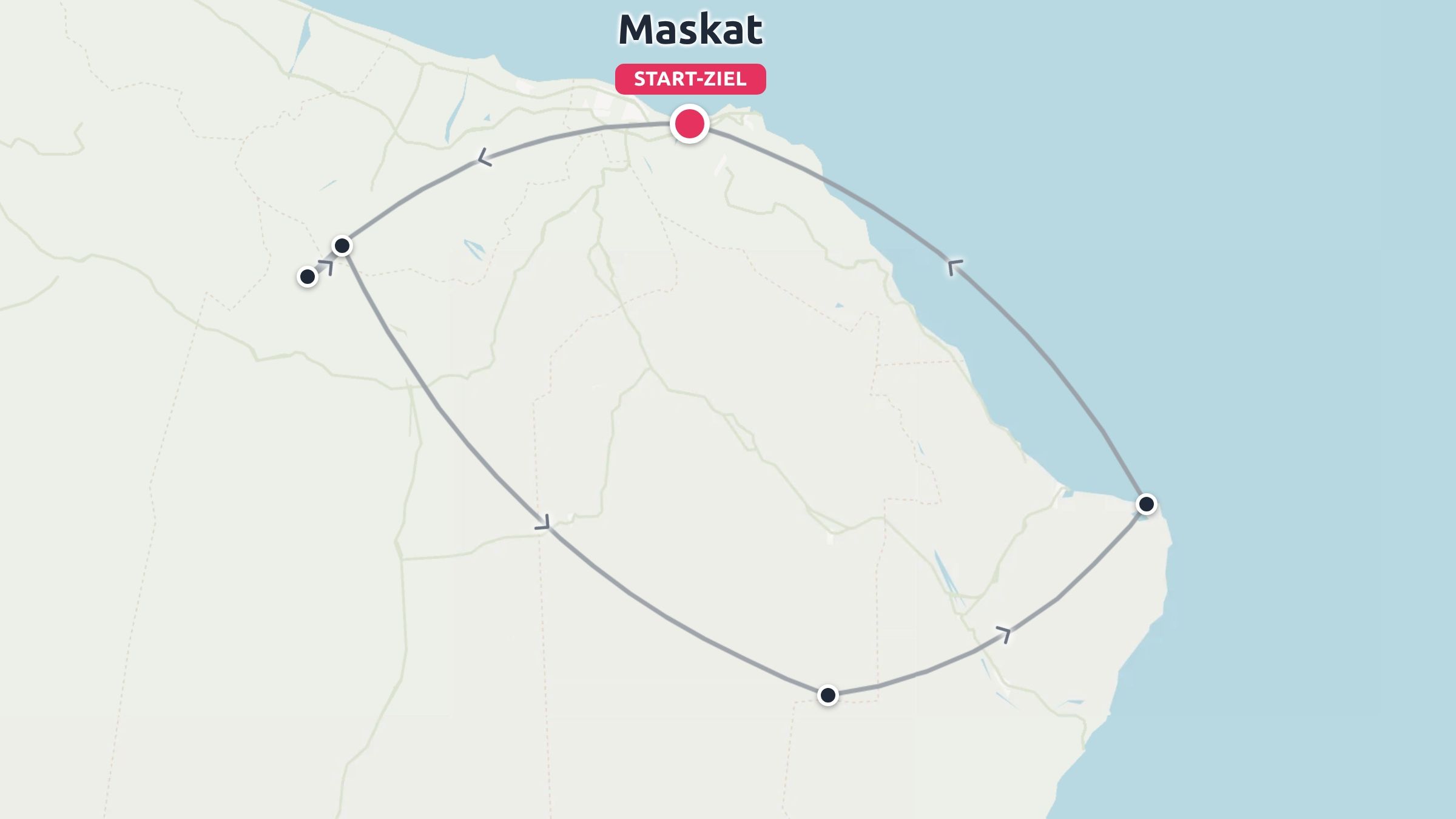 Reiseroute mit einer Rundreise, die in Maskat beginnt und endet.