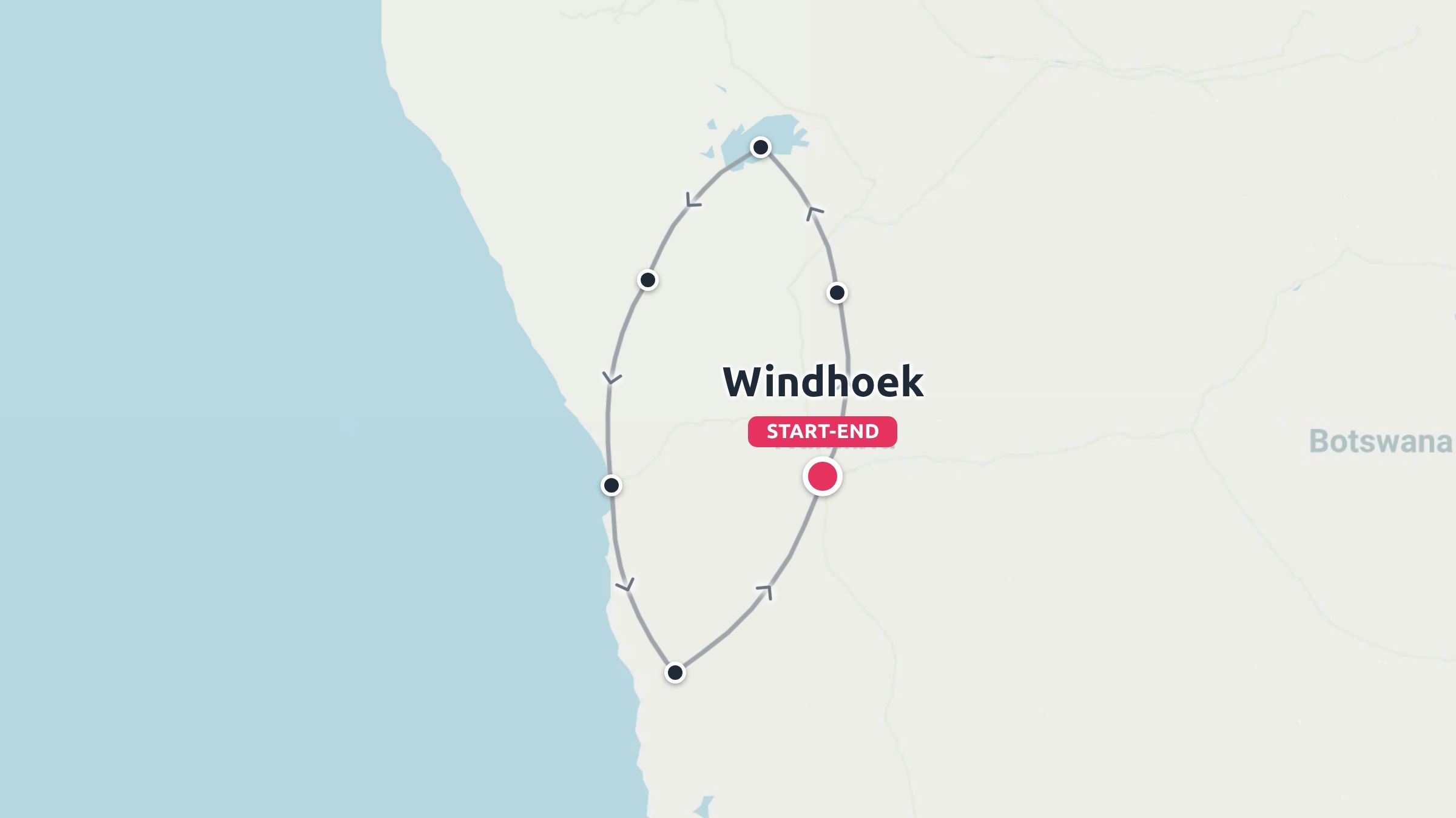 A travel itinerary map displaying a circular route starting and ending in Windhoek, with Botswana marked nearby.