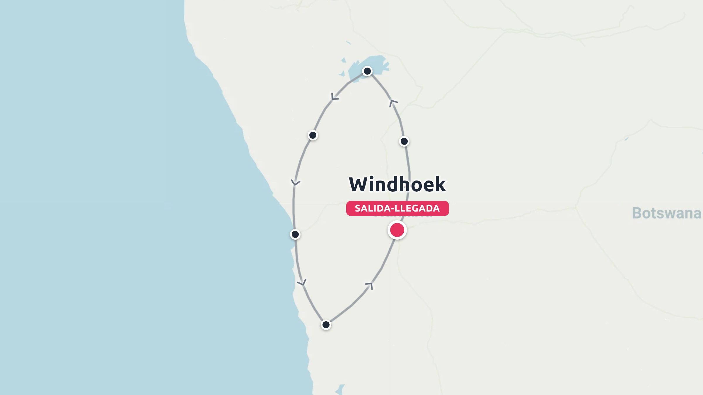 Un mapa de itinerario de viaje que muestra una ruta circular que empieza y termina en Windhoek, cerca de Botsuana