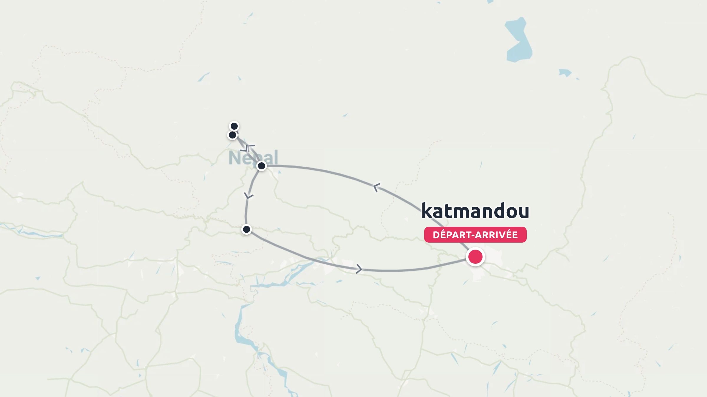 Une carte d'itinéraire de voyage au Népal présentant un itinéraire circulaire commençant et se terminant à Katmandou.