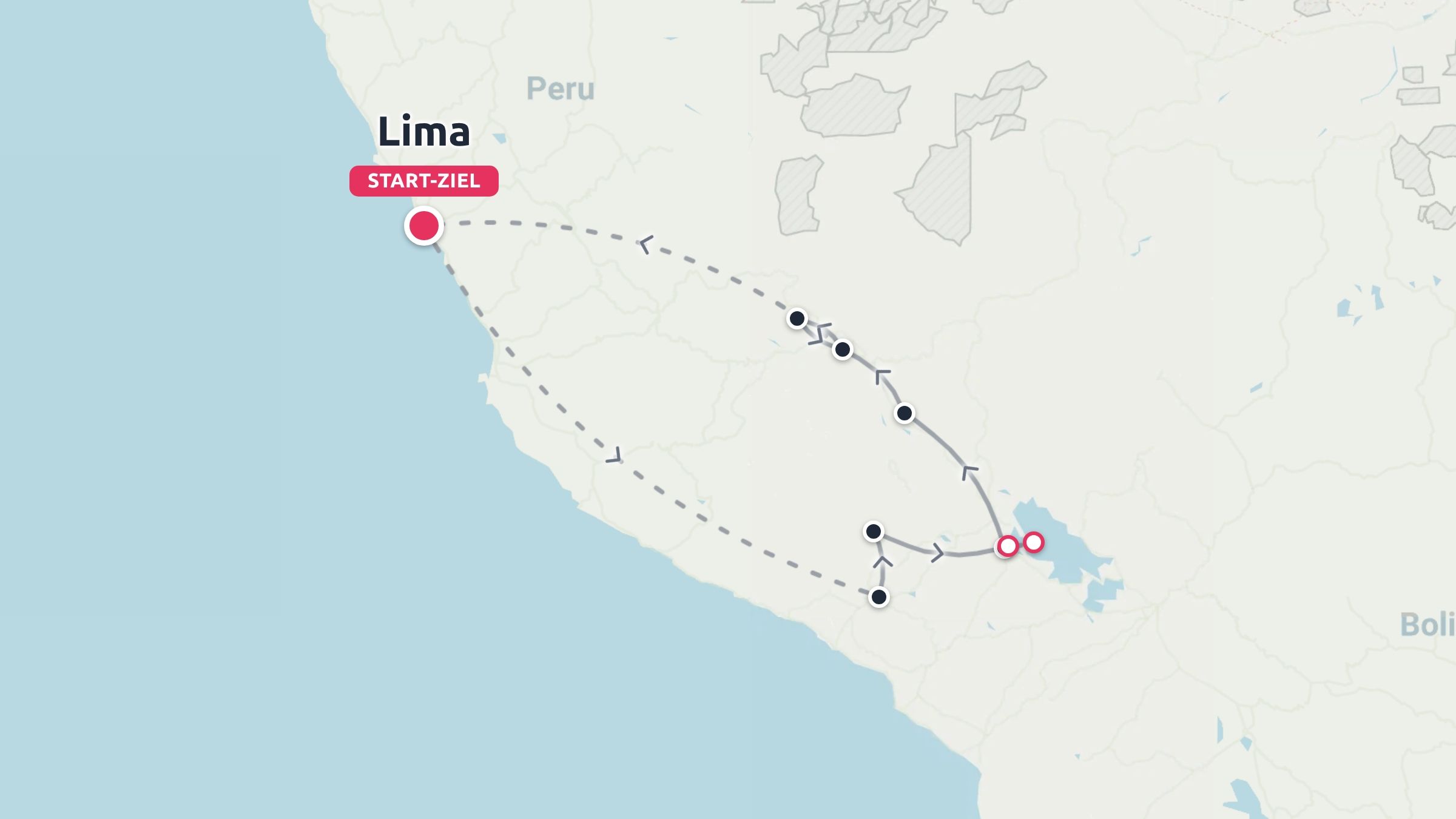 Eine Peru-Reiseroute mit einer Rundreise, die in Lima beginnt und endet.