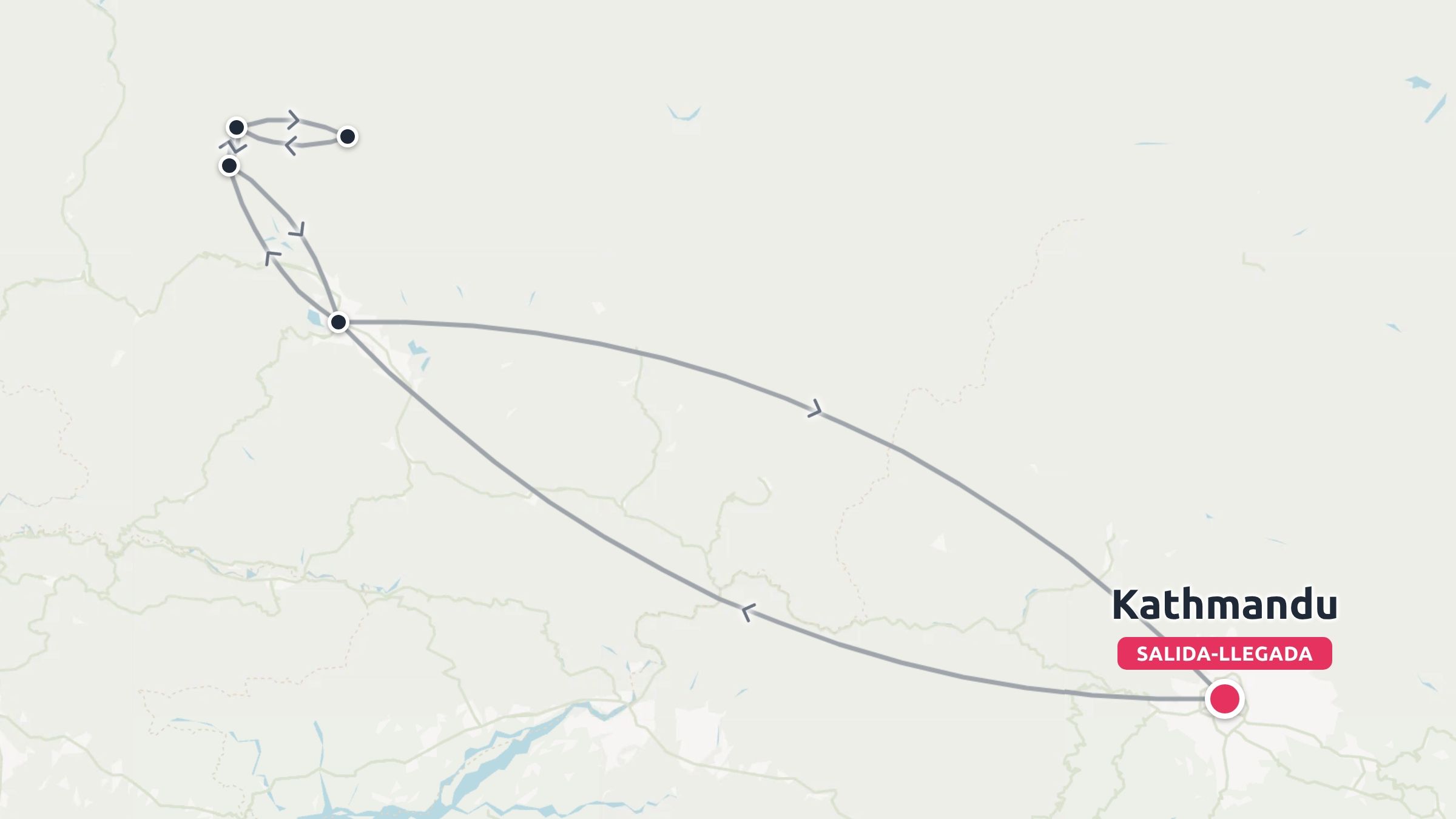 Un mapa de ruta de viaje que muestra un viaje de ida y vuelta con paradas, que comienza y termina en Katmandú.
