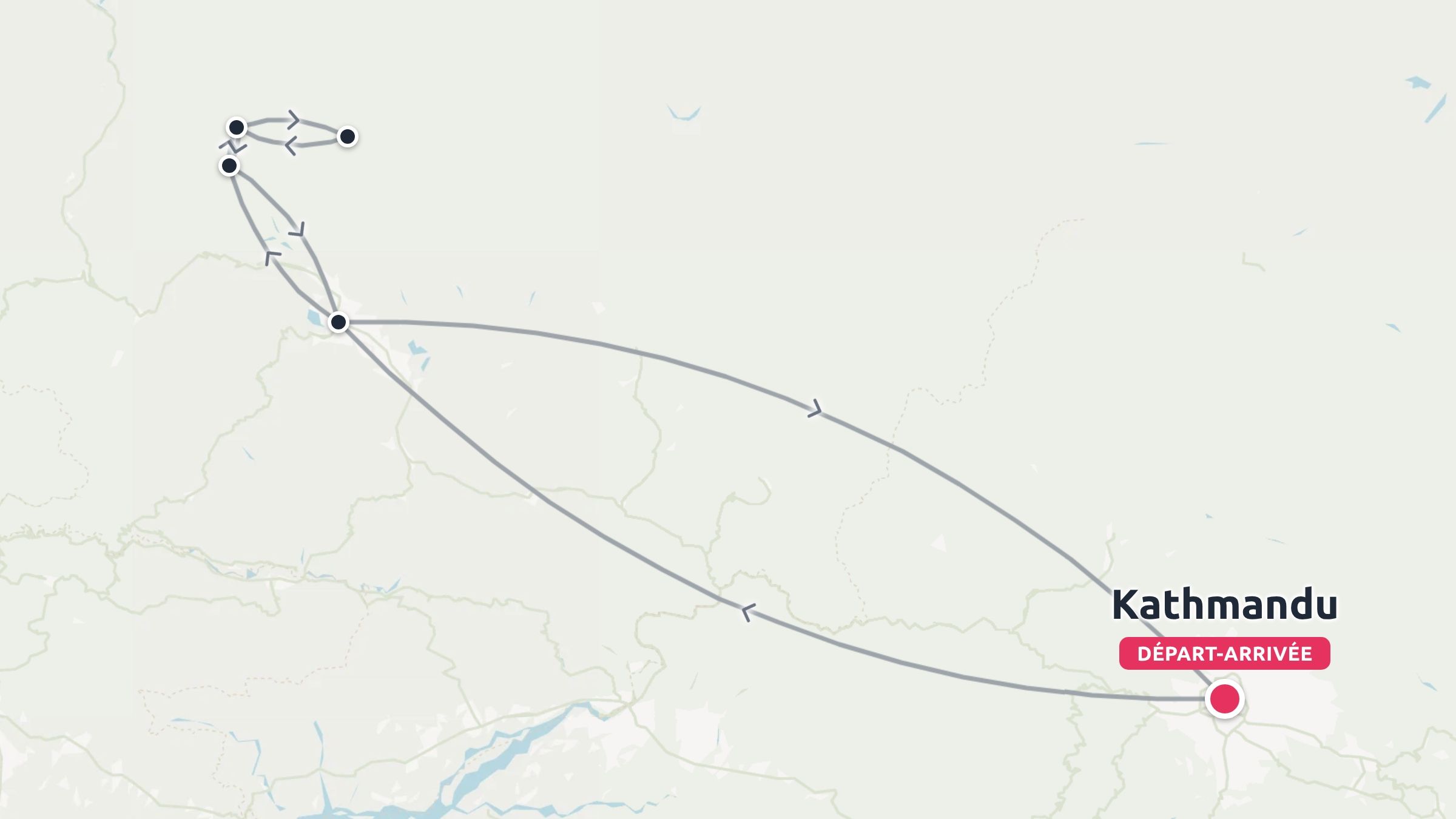 Carte d'itinéraire de voyage montrant une boucle avec des arrêts marqués commençant et se terminant à Katmandou