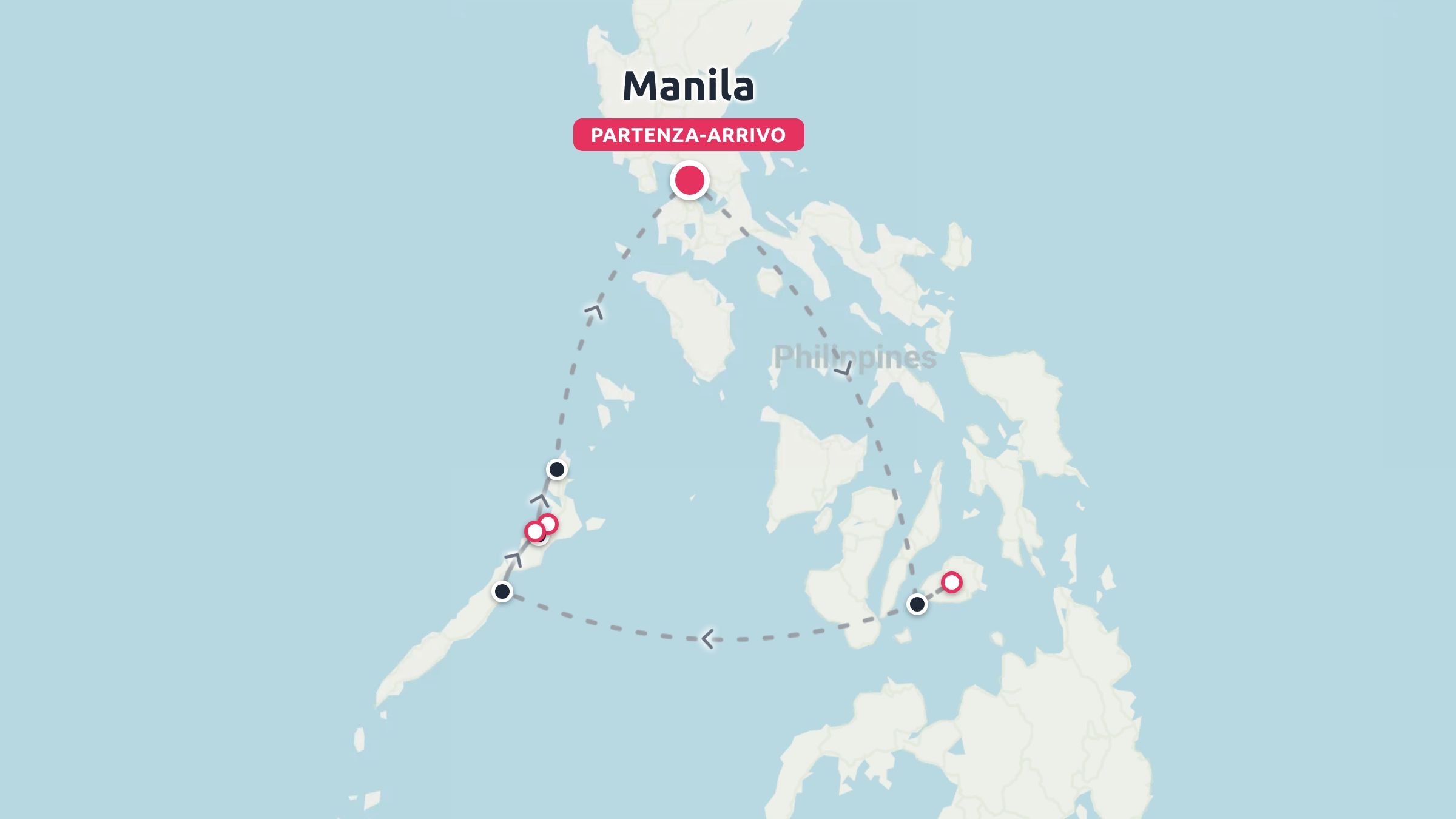 Una mappa dell'itinerario di viaggio delle Filippine che mostra un percorso che inizia e finisce a Manila, collegando varie isole.