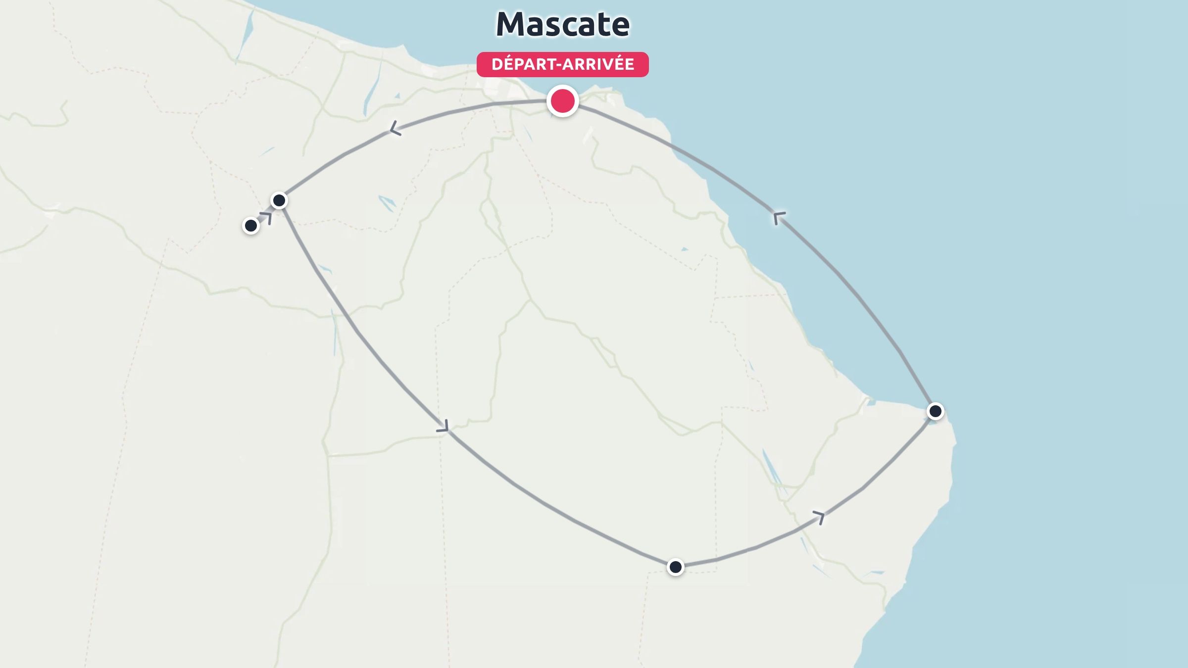 Une carte d'itinéraire de voyage affichant un parcours en boucle commençant et se terminant à Mascate