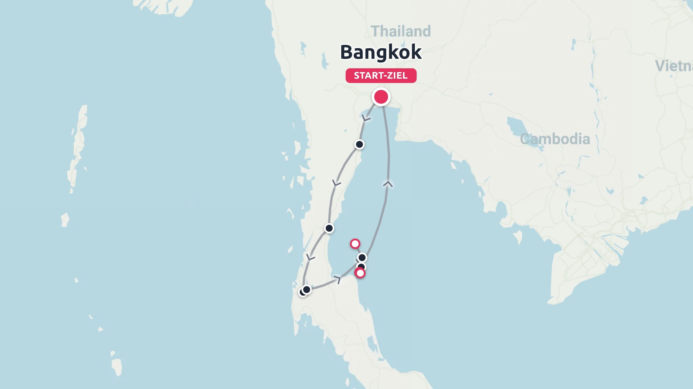 Eine Reiseroute, die in Bangkok, Thailand beginnt und endet und eine Rundreise durch die südliche Halbinsel zeigt.