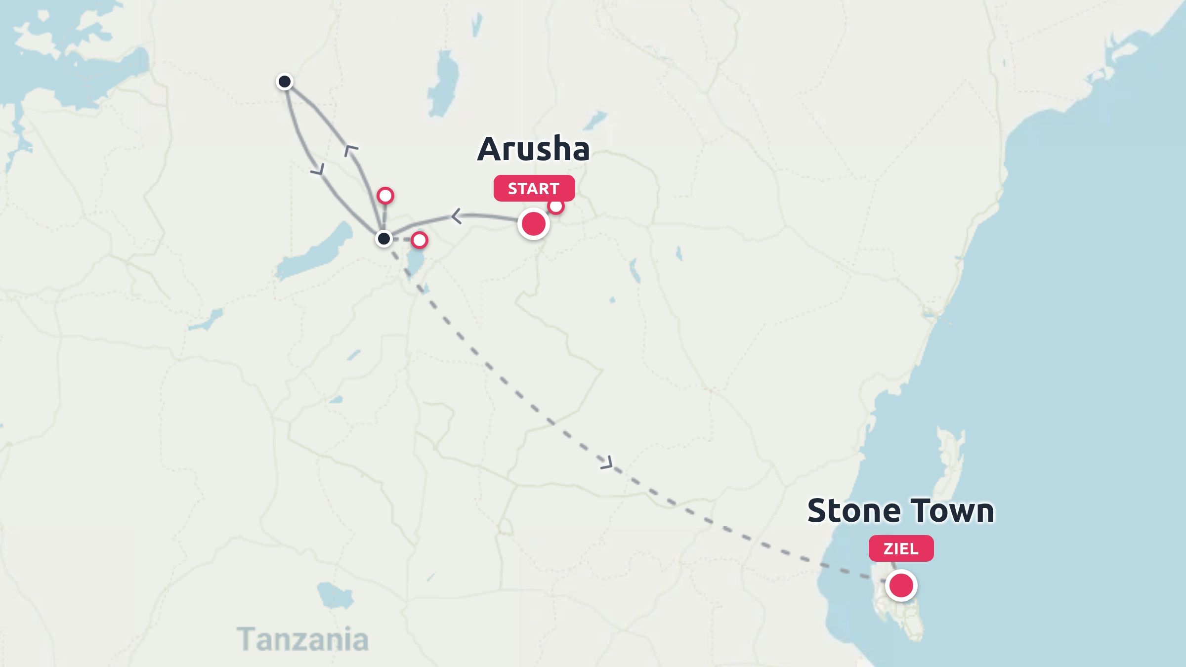 Eine Reisiroute durch Tansania mit Start in Arusha und Ziel in Stone Town