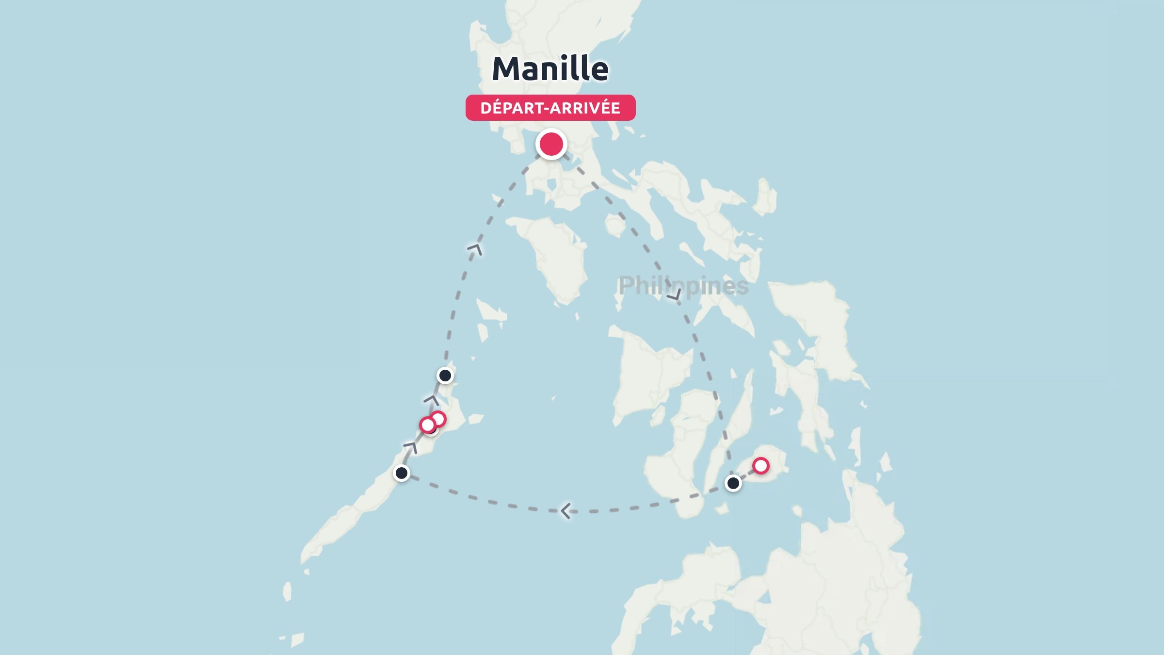 Une carte d'itinéraire de voyage des Philippines montrant un itinéraire circulaire commençant et se terminant à Manille.
