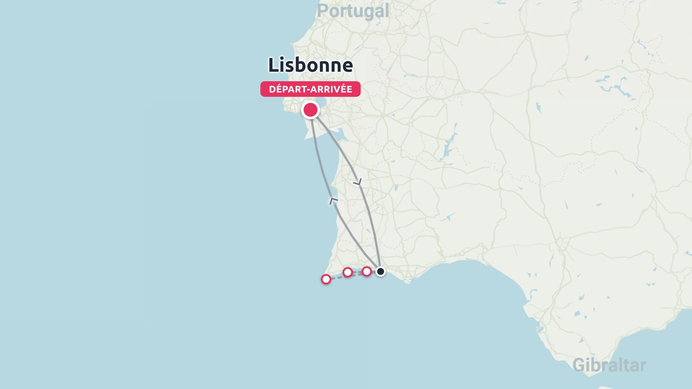 Un itinéraire de voyage au Portugal au départ et à l'arrivée de Lisbonne, faisant une boucle par la côte sud.