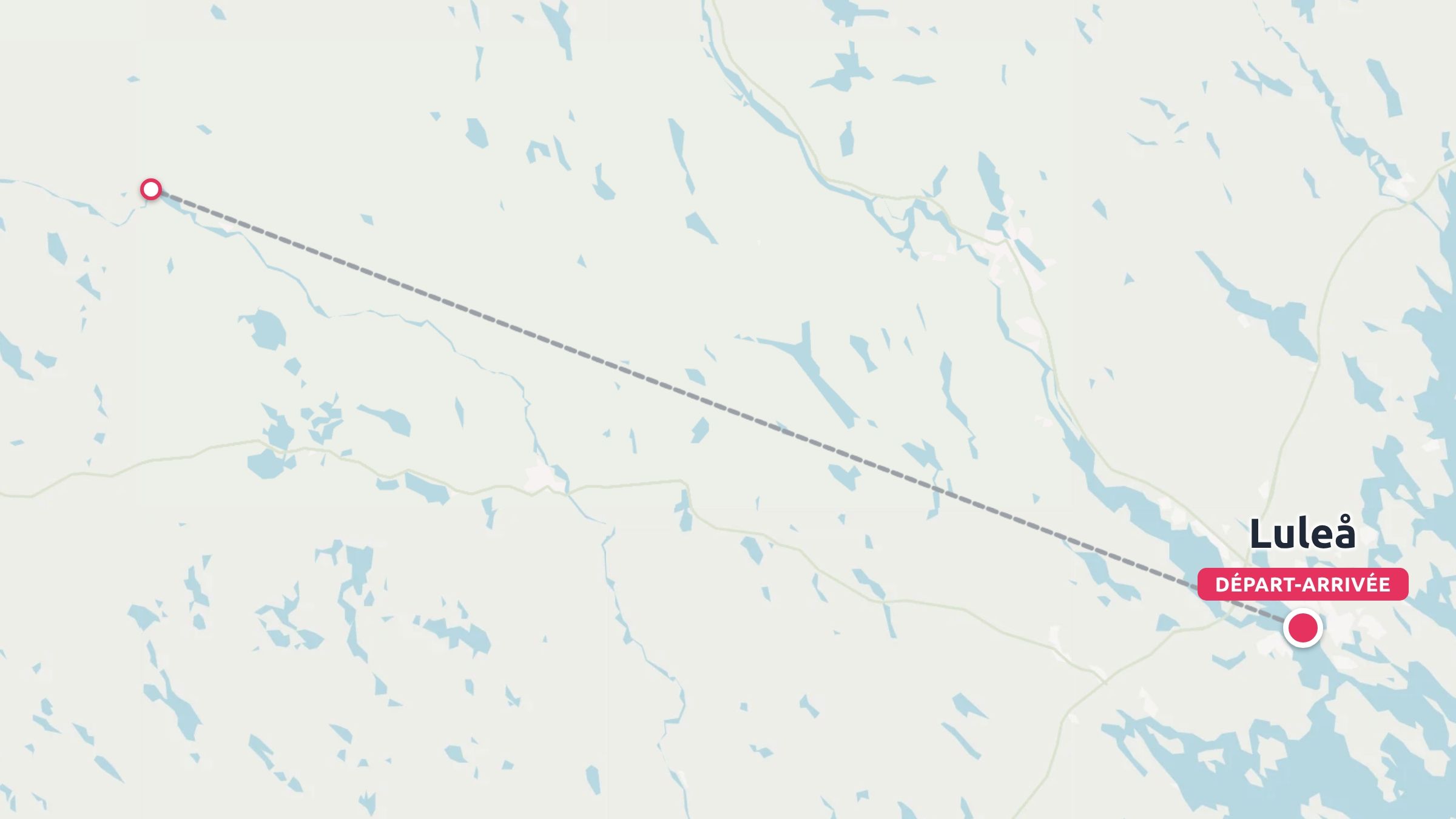 Une carte de voyage affichant un itinéraire en pointillés commençant et se terminant à Luleå, en Suède, et se connectant à une destination à l'intérieur des terres.