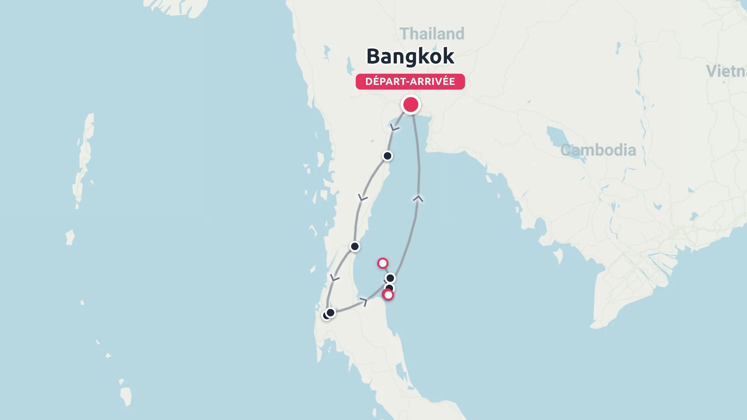 Une carte d'itinéraire de voyage à travers la Thaïlande montrant un itinéraire commençant et se terminant à Bangkok.