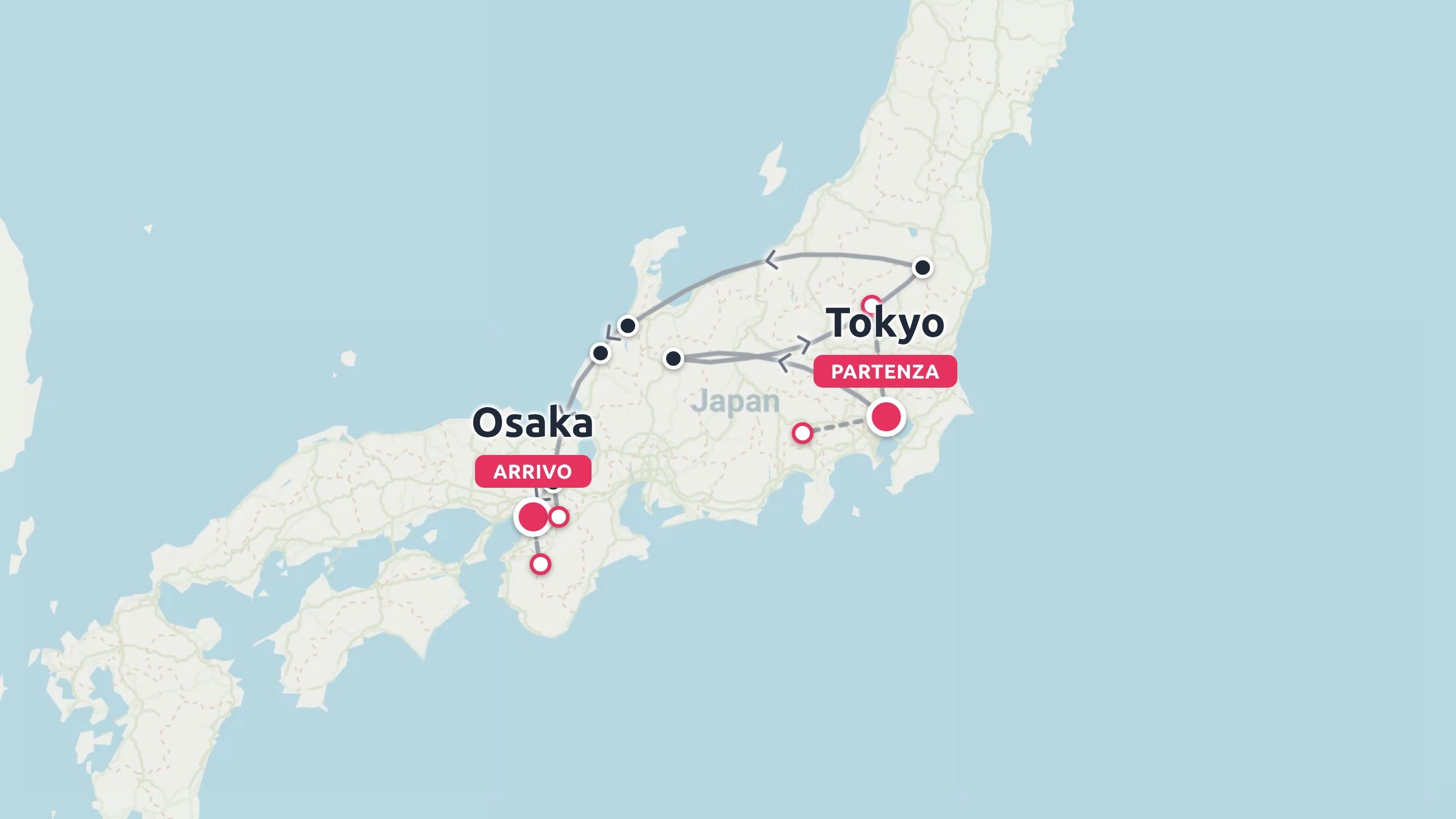 Mappa di viaggio del Giappone che mostra un itinerario tra Tokyo e Osaka con fermate indicate lungo il percorso