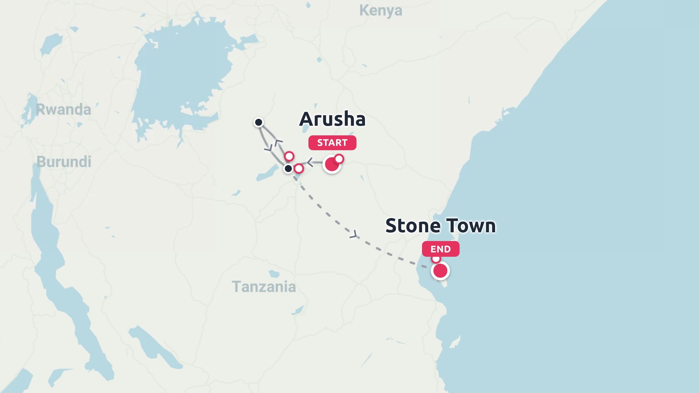 A travel route map of Tanzania indicating a journey starting in Arusha and ending in Stone Town.