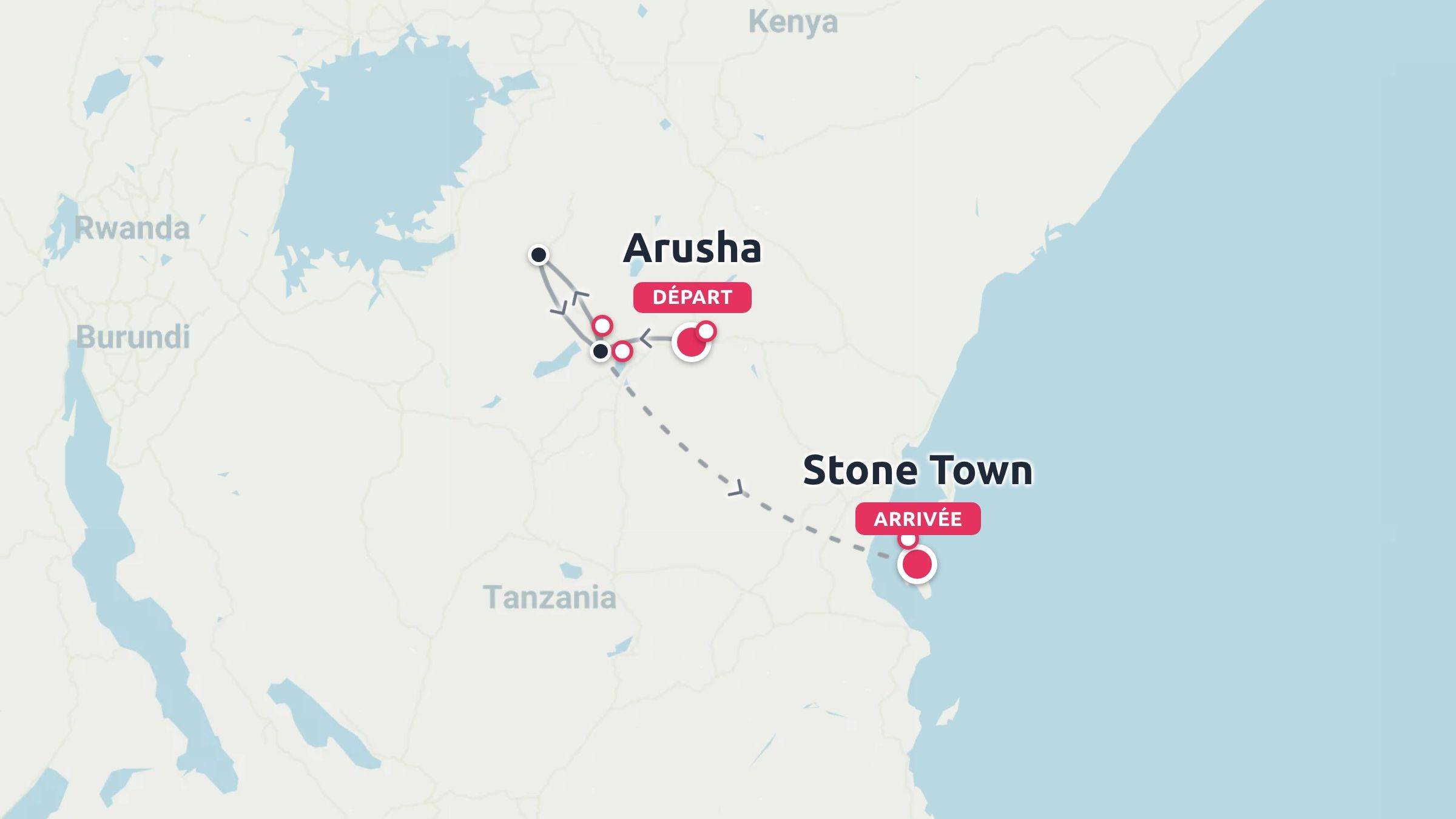 Une carte d'itinéraire de voyage en Tanzanie montrant un itinéraire commençant à Arusha et se terminant à Stone Town