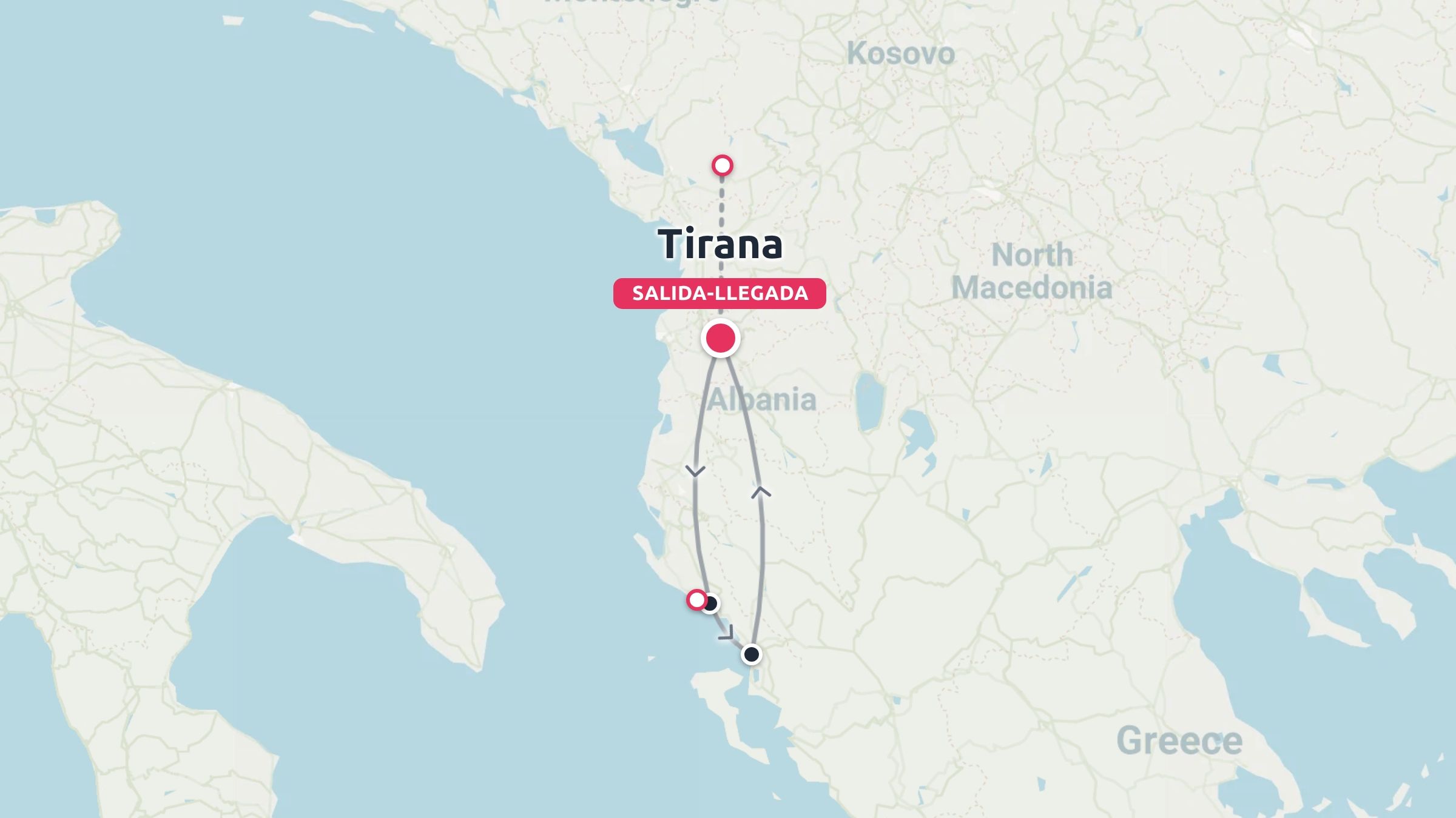 Mapa de la ruta de viaje por Albania que muestra un viaje de ida y vuelta que empieza y termina en Tirana a lo largo de la costa sur