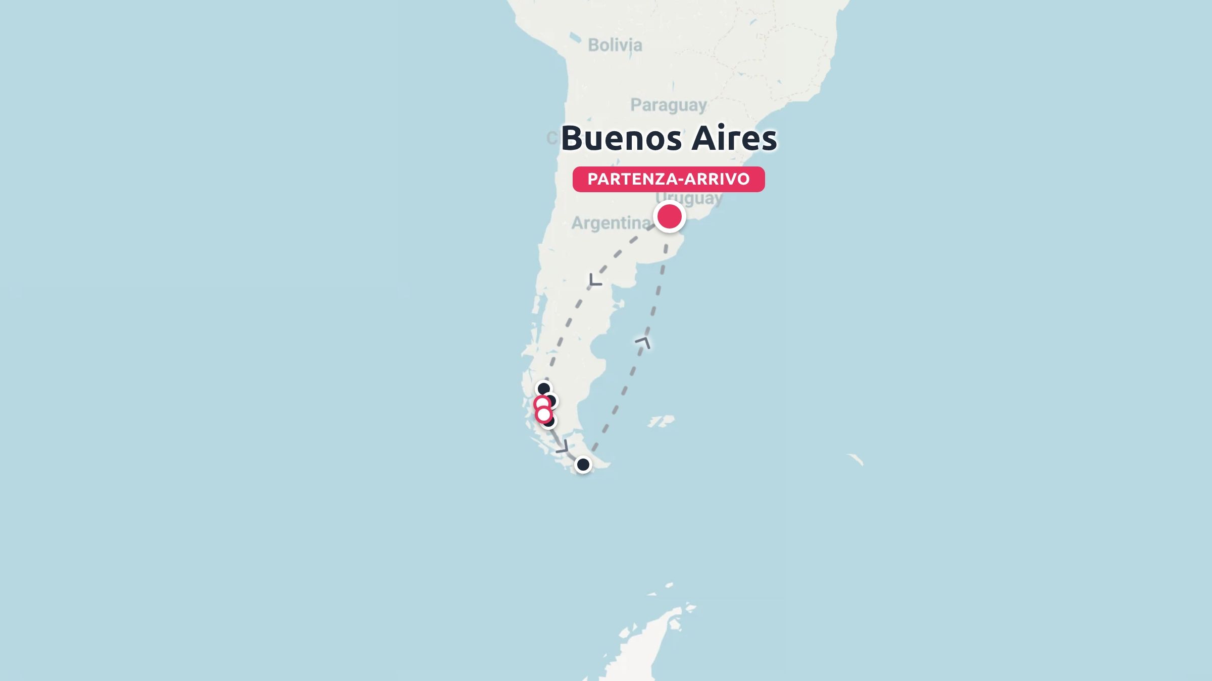 Itinerario di viaggio in Argentina in Sud America con partenza e arrivo a Buenos Aires e viaggio attraverso la Patagonia