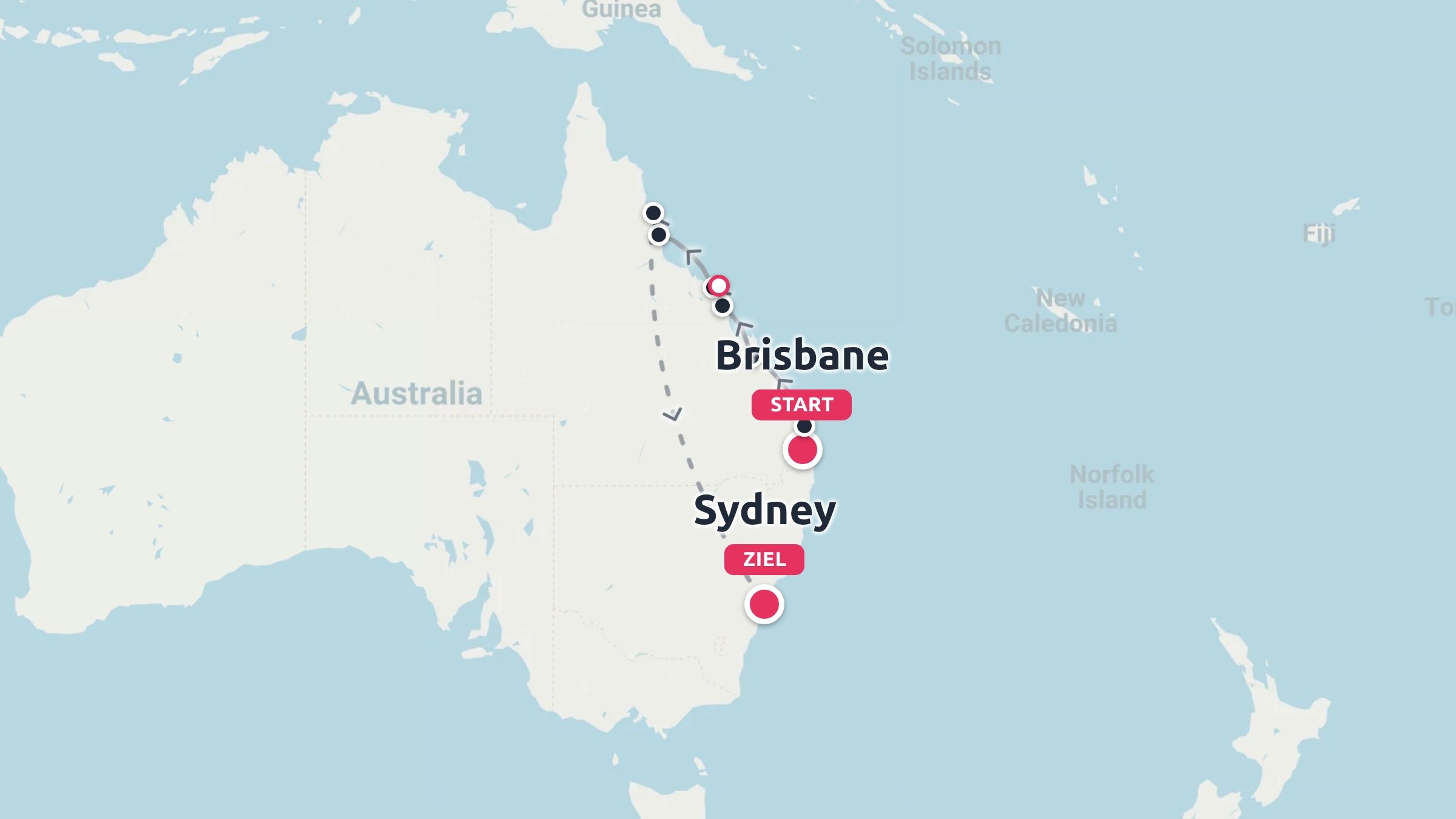 Eine Reiseroutekarte für Ostaustralien, die eine Reiseroute von Brisbane nach Sydney zeigt.