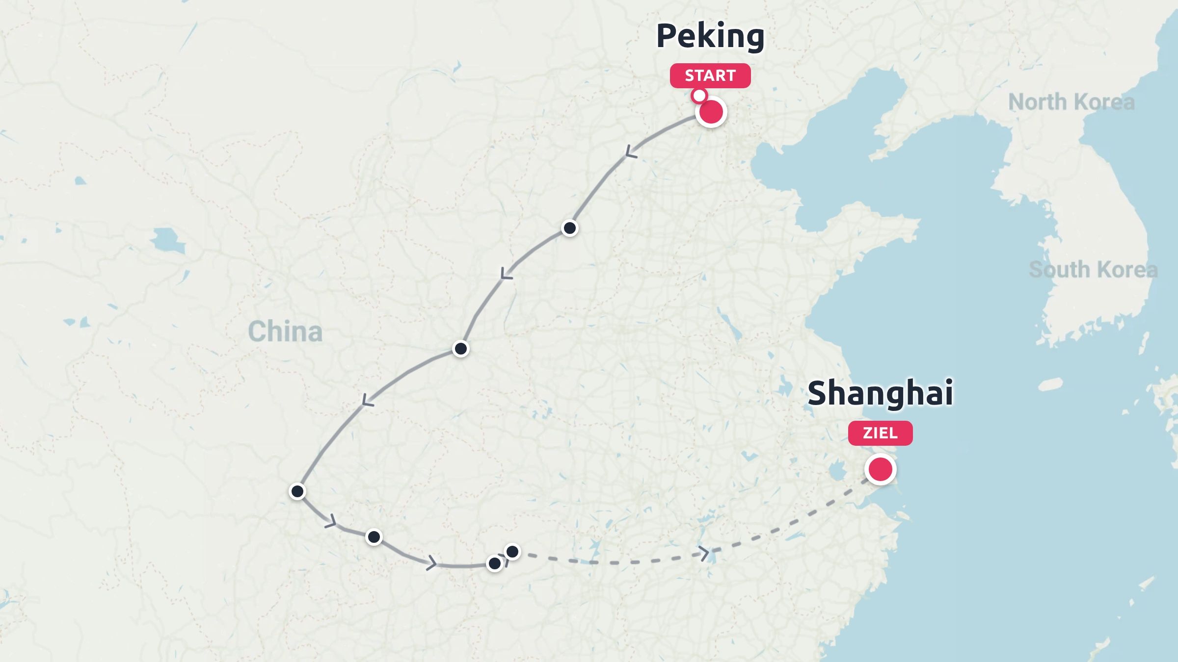 Eine Reiseverbindungs-Route durch China, beginnend in Peking und endend in Shanghai mit mehreren Zwischenstopps.