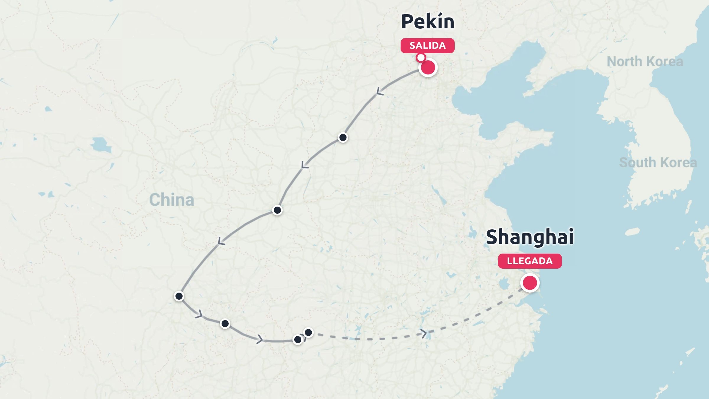Mapa de ruta de viaje por China comenzando desde Pekín y trazando un itinerario circular hasta Shanghái.