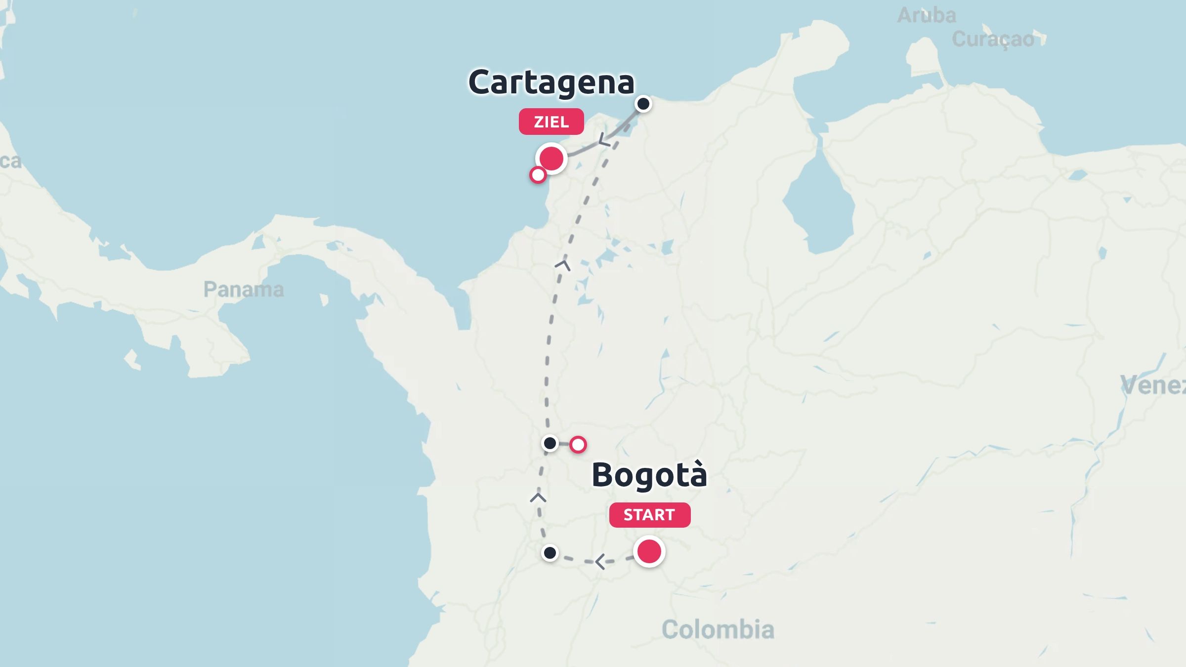 Eine Reiseroute durch Kolumbien, die einen Weg von Bogotá nach Norden bis nach Cartagena zeigt.