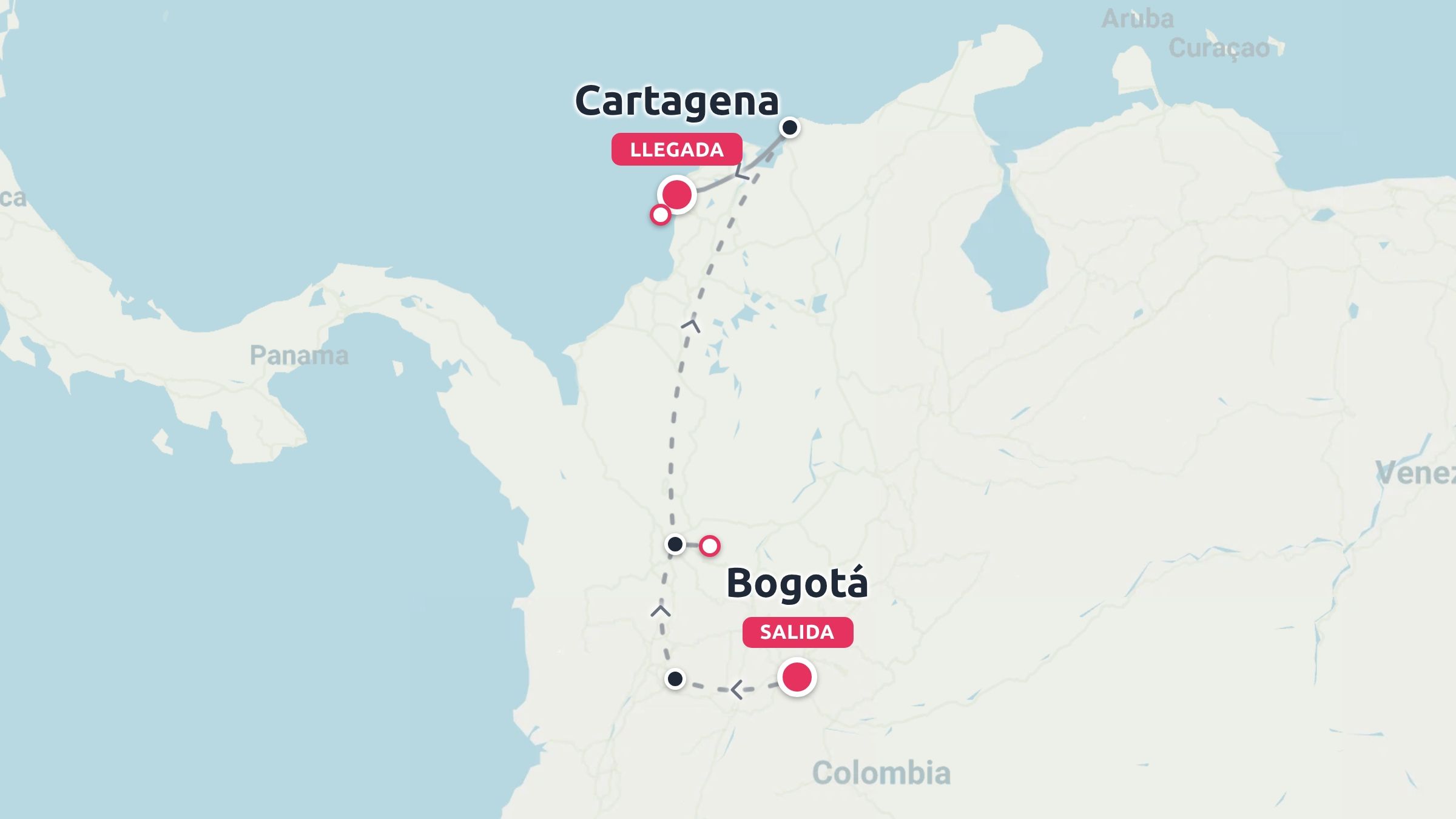 Un mapa de ruta de viaje por Colombia que muestra un itinerario que comienza en Bogotá y termina en Cartagena
