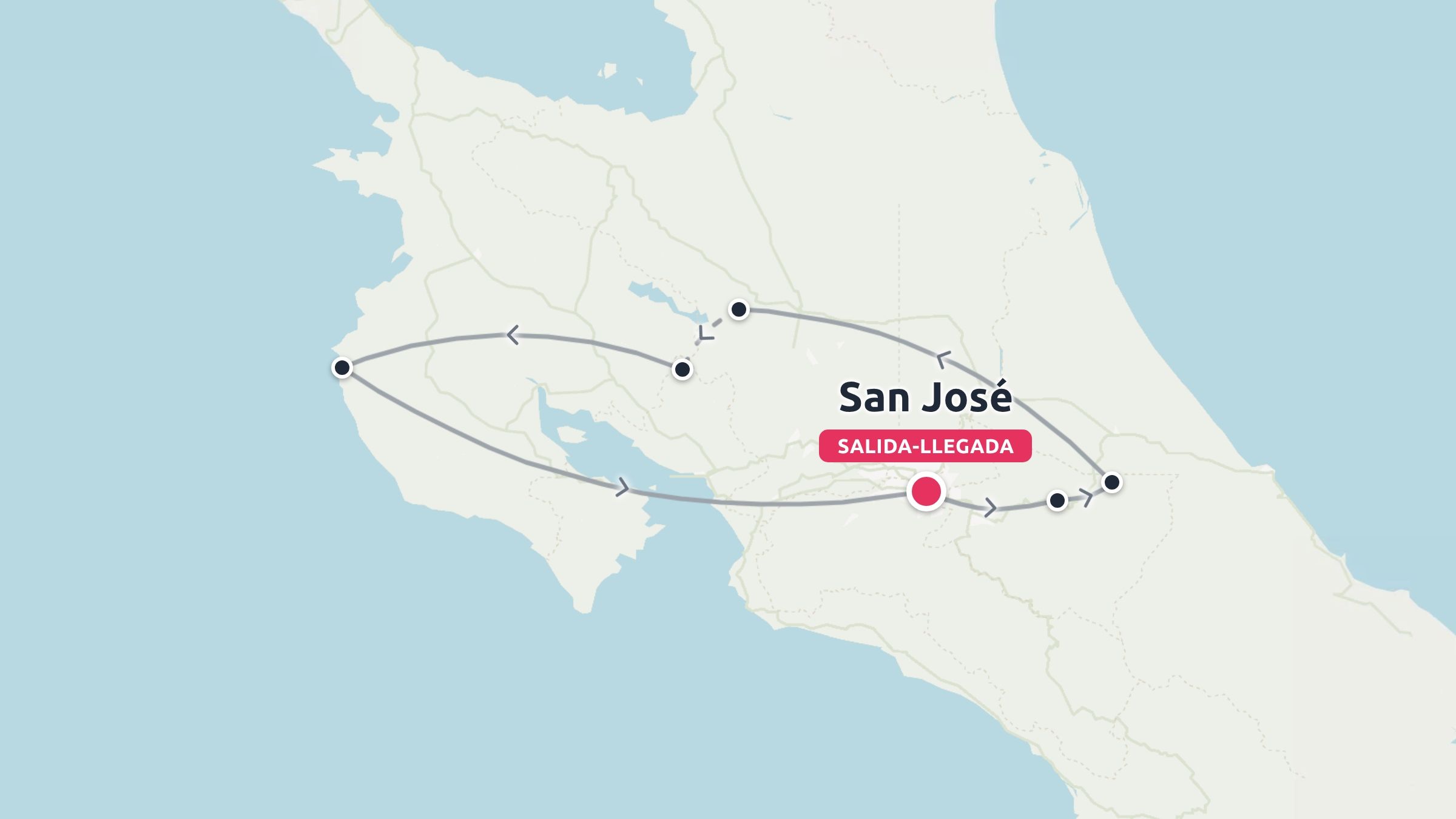 Un mapa de ruta de viaje que muestra un recorrido circular que comienza y termina en San José a través de la región.