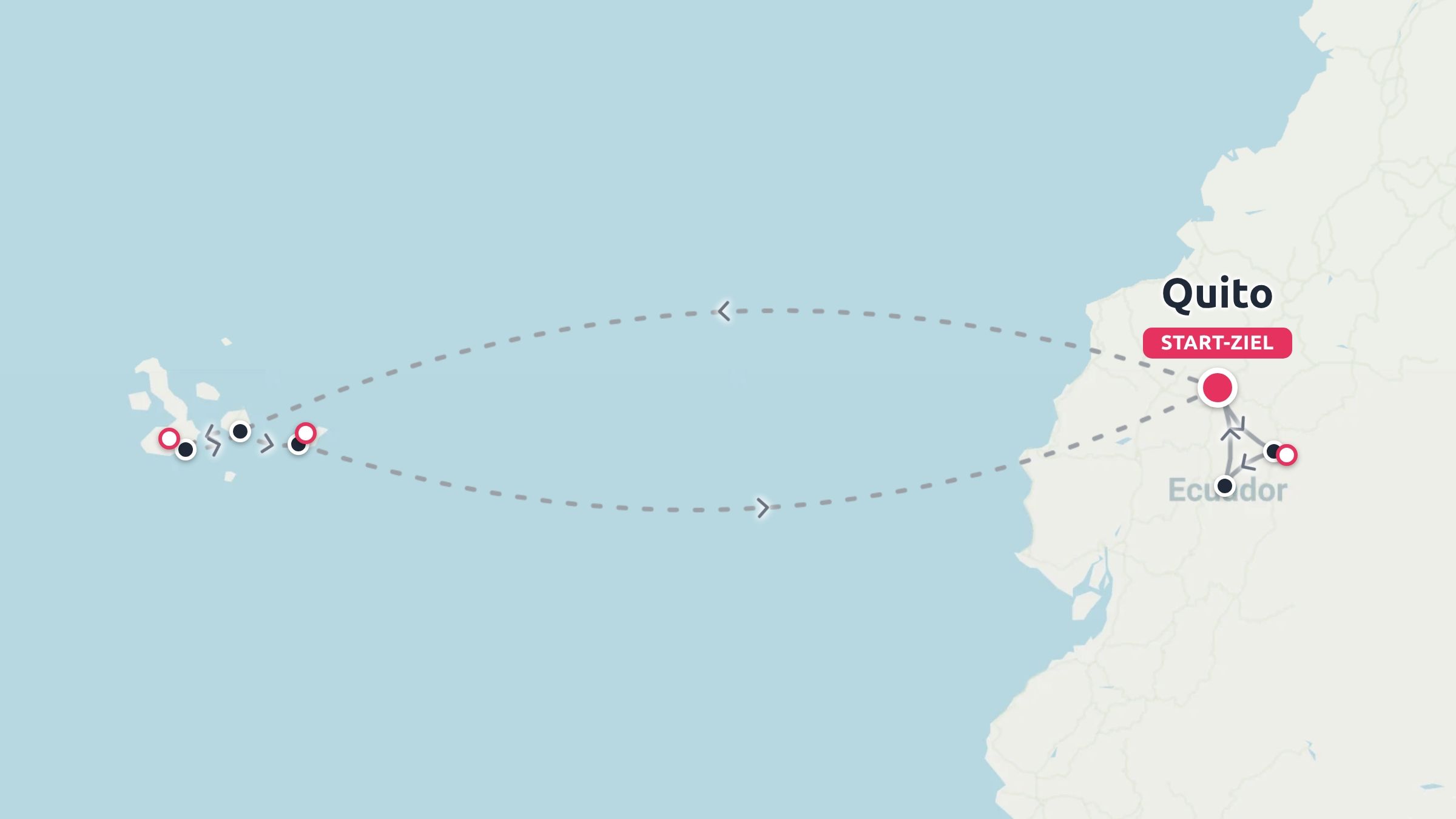 Eine Reiseroute, die die Flugverbindungen zwischen Quito, Ecuador, und den Galapagos-Inseln zeigt.