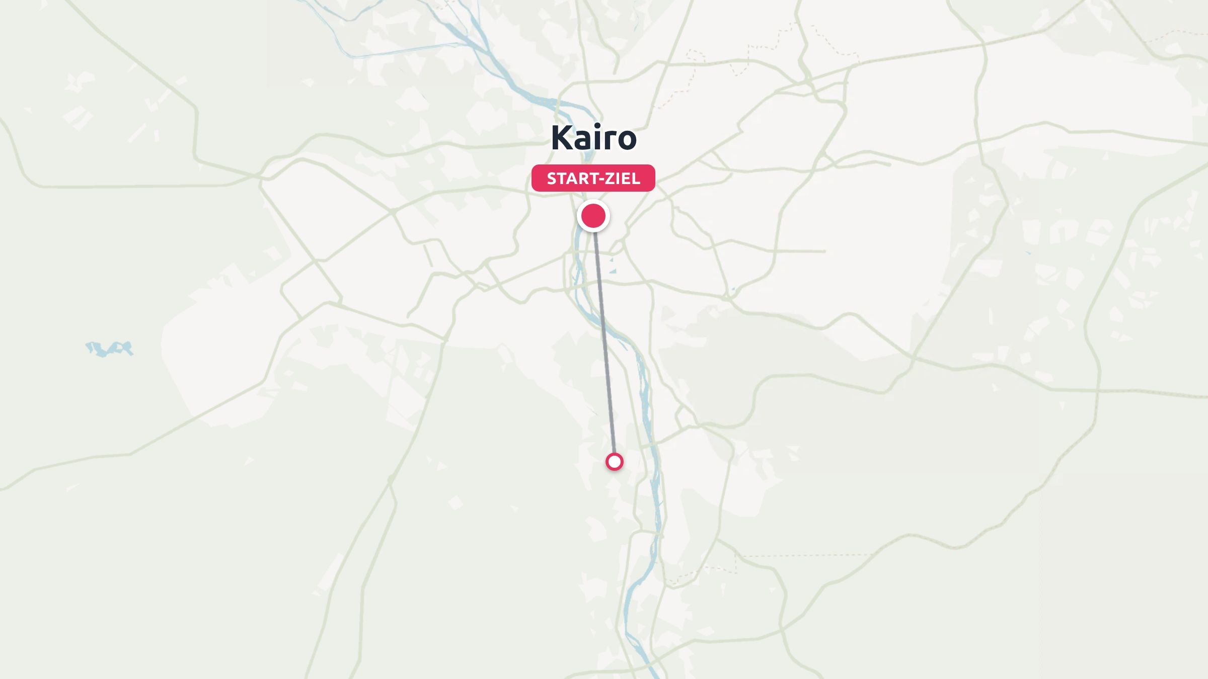 Eine Karte von Kairo mit einer Reiseroute, die von einem Start- und Endpunkt aus nach Süden entlang des Flusses verläuft