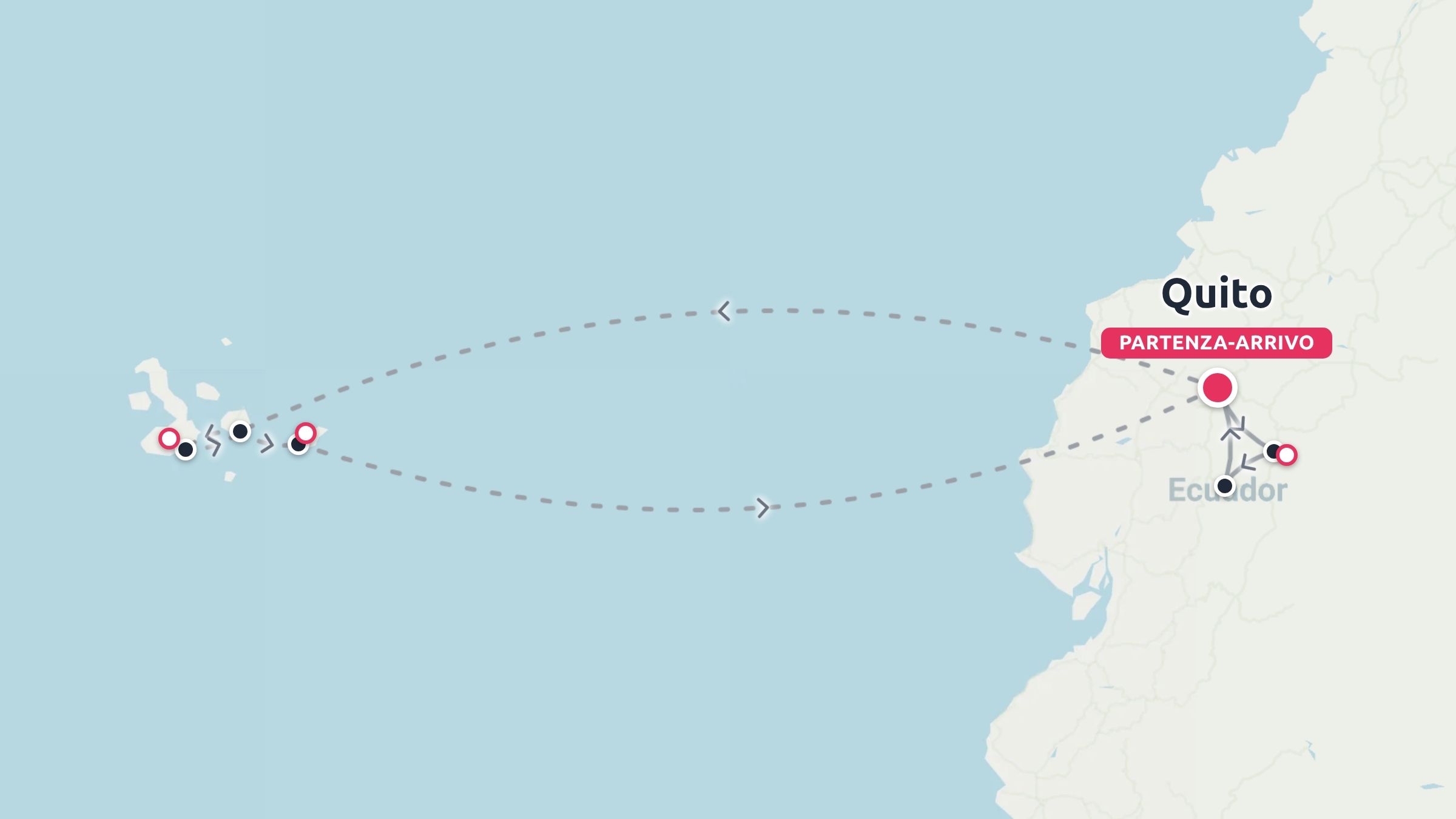 Una mappa di itinerario di viaggio che mostra rotte di volo e collegamenti tra Quito, in Ecuador, e le Isole Galápagos.