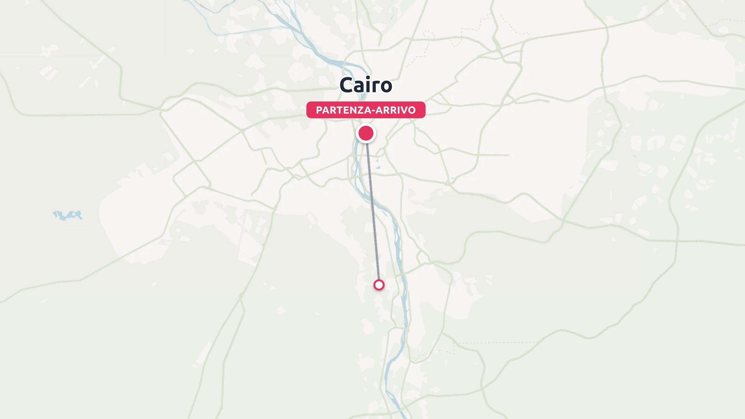 Una mappa dell'itinerario di viaggio che mostra Il Cairo come punto di partenza e di arrivo con un percorso collegato verso sud