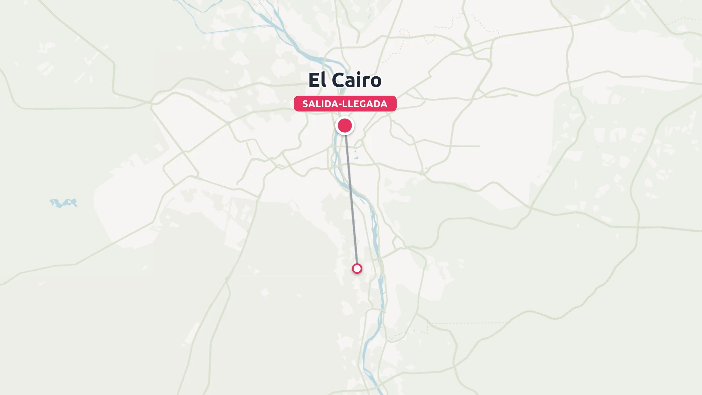 Un mapa de ruta de viaje que muestra los puntos de salida y llegada conectados por una línea de ruta en El Cairo.