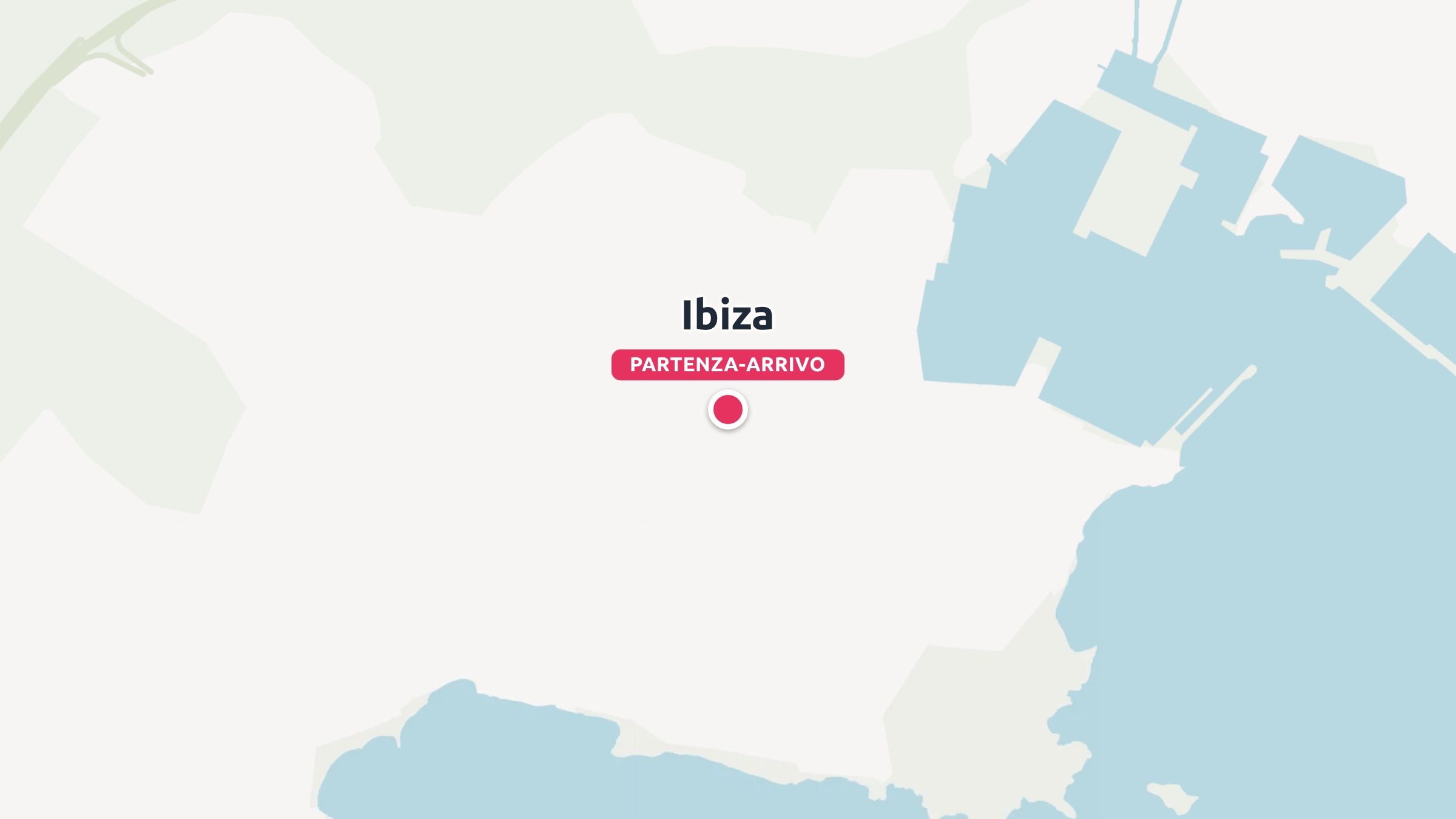 Una mappa di viaggio di Ibiza che mostra un pin di posizione rosa contrassegnato con il testo partenza-arrivo