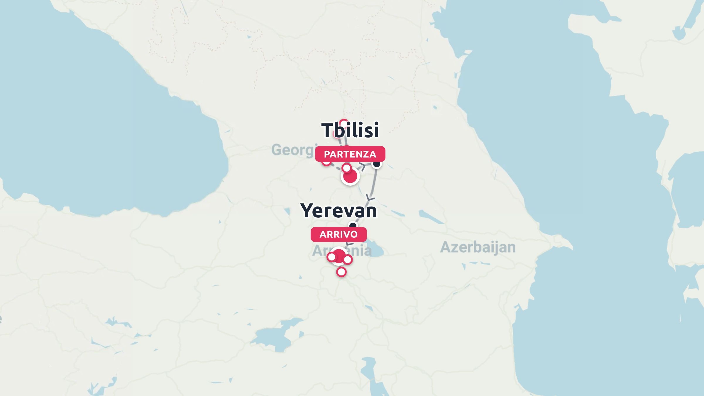 Una mappa di un itinerario di viaggio che mostra un percorso che inizia a Tbilisi, in Georgia, e si conclude a Yerevan, in Armenia.