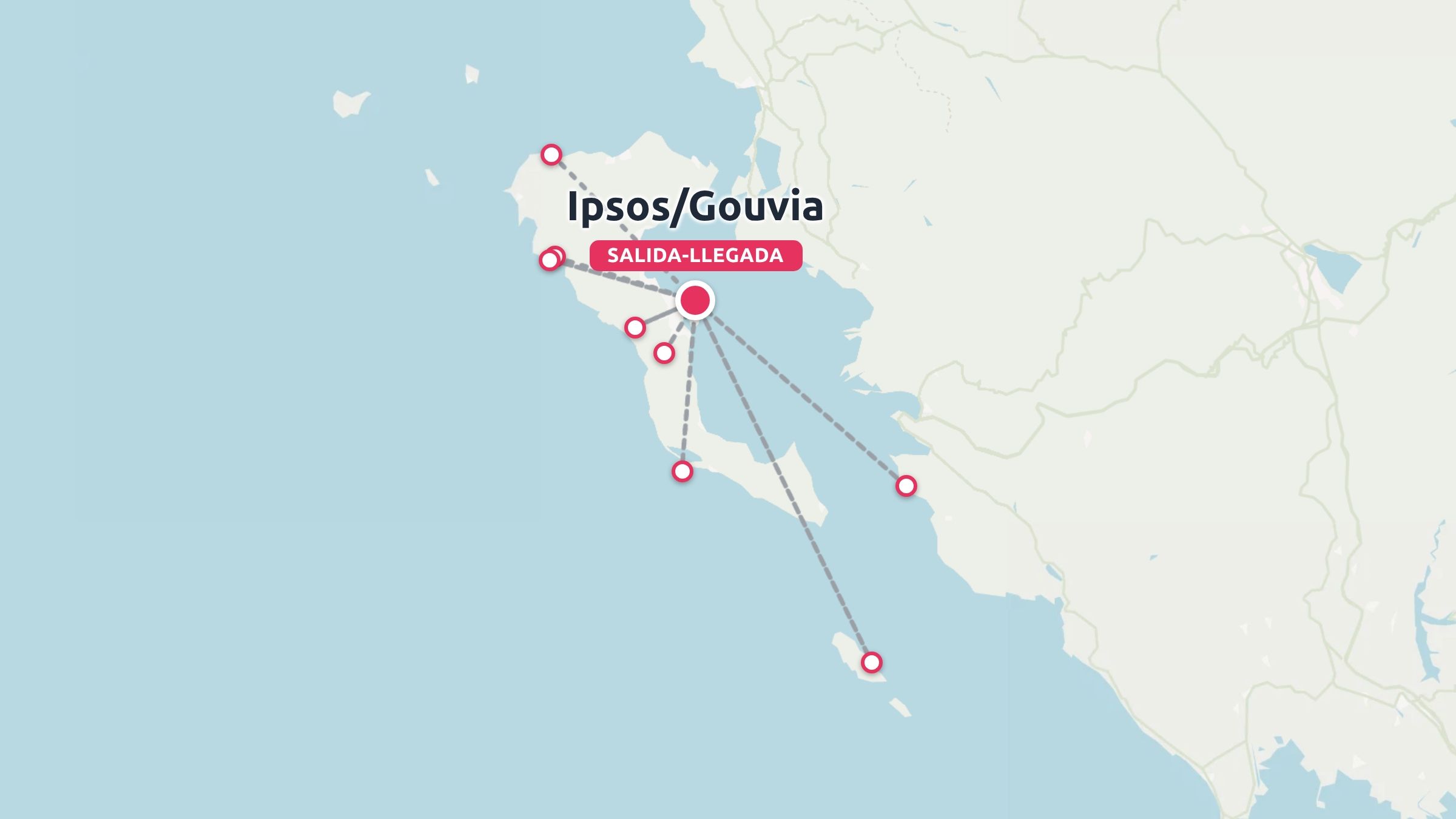 Un mapa de itinerario de viaje centrado en Ipsos y Gouvia con marcadores de ruta que conectan destinos costeros e isleños.
