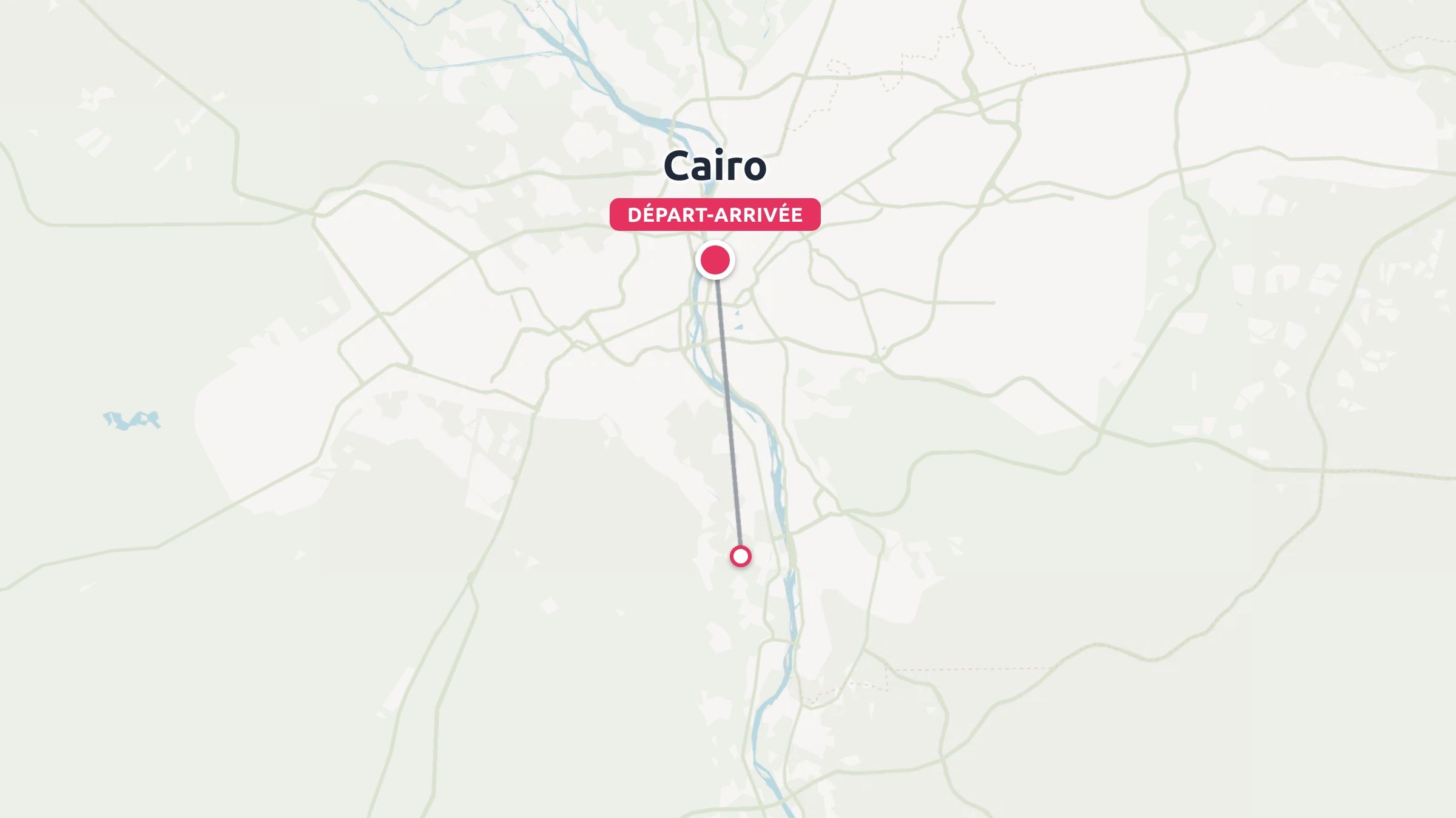 Une carte de voyage indiquant un itinéraire commençant et se terminant au Caire, avec des points de départ et d'arrivée.