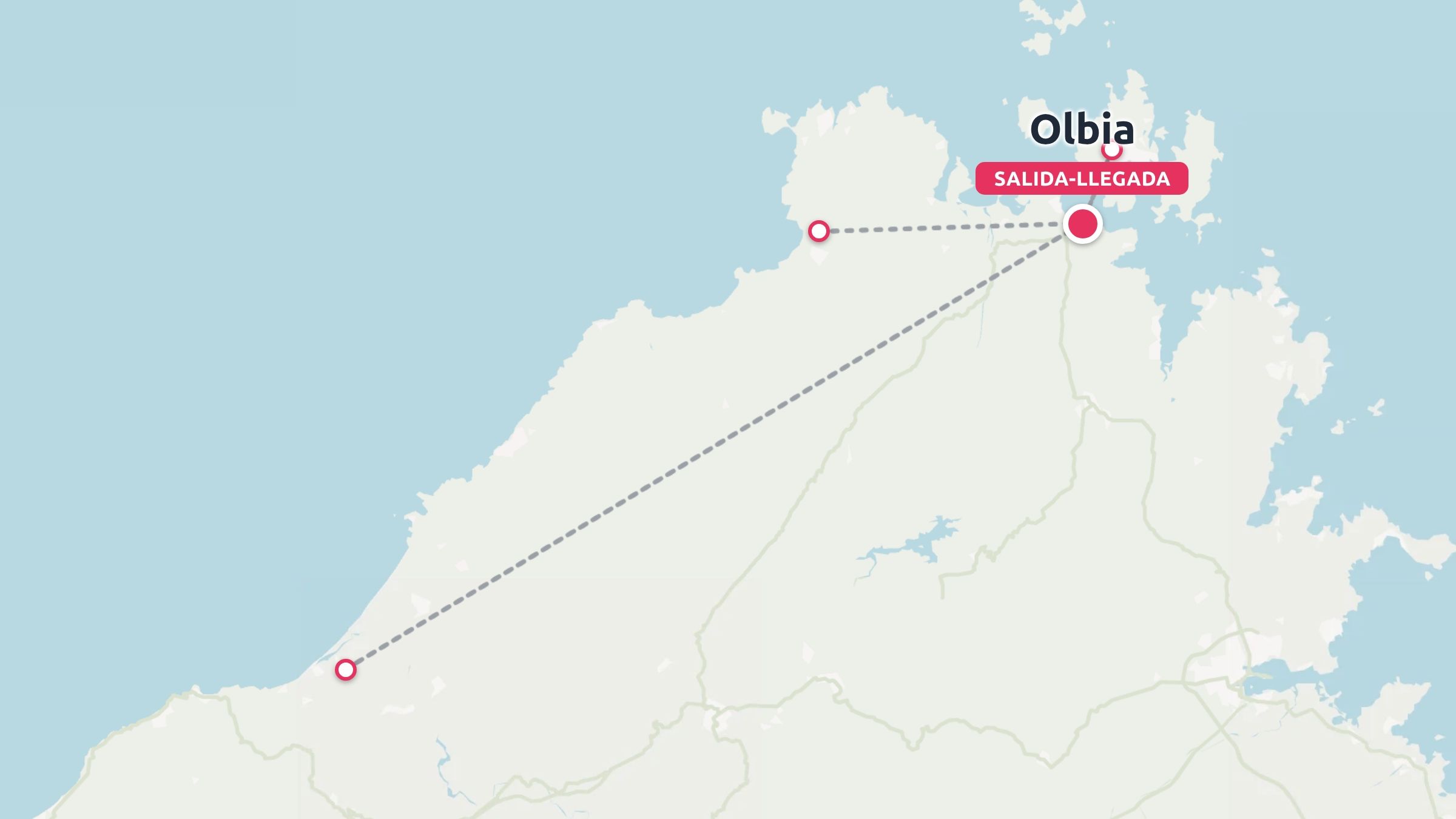Un mapa de ruta de viaje que muestra un itinerario en bucle discontinuo por el norte de Cerdeña, con inicio y fin en Olbia.