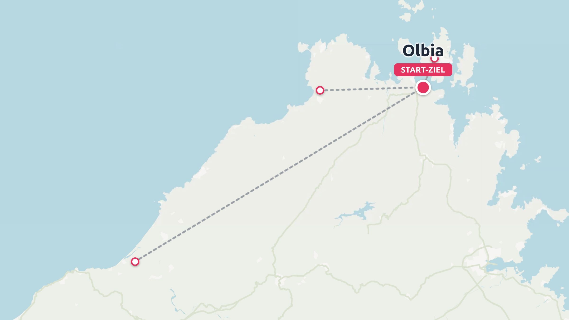 Eine Reiseroute im Norden Sardiniens mit einer Strecke, die Stationen verbindet, wobei Olbia als Start- und Endpunkt markiert ist.