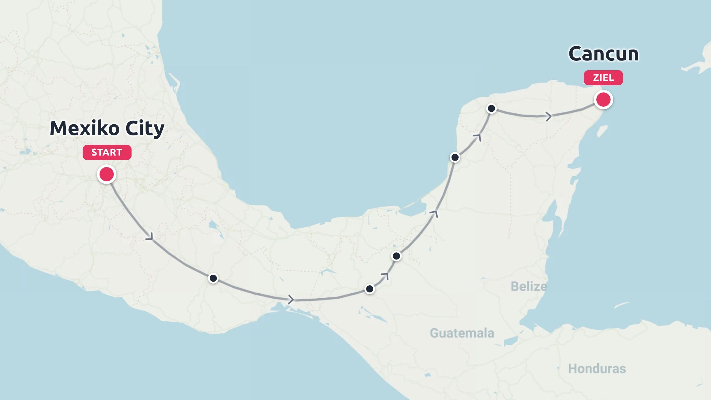 Eine Reiseroute, die in Mexiko-Stadt beginnt und in Cancun durch ganz Mexiko führt.