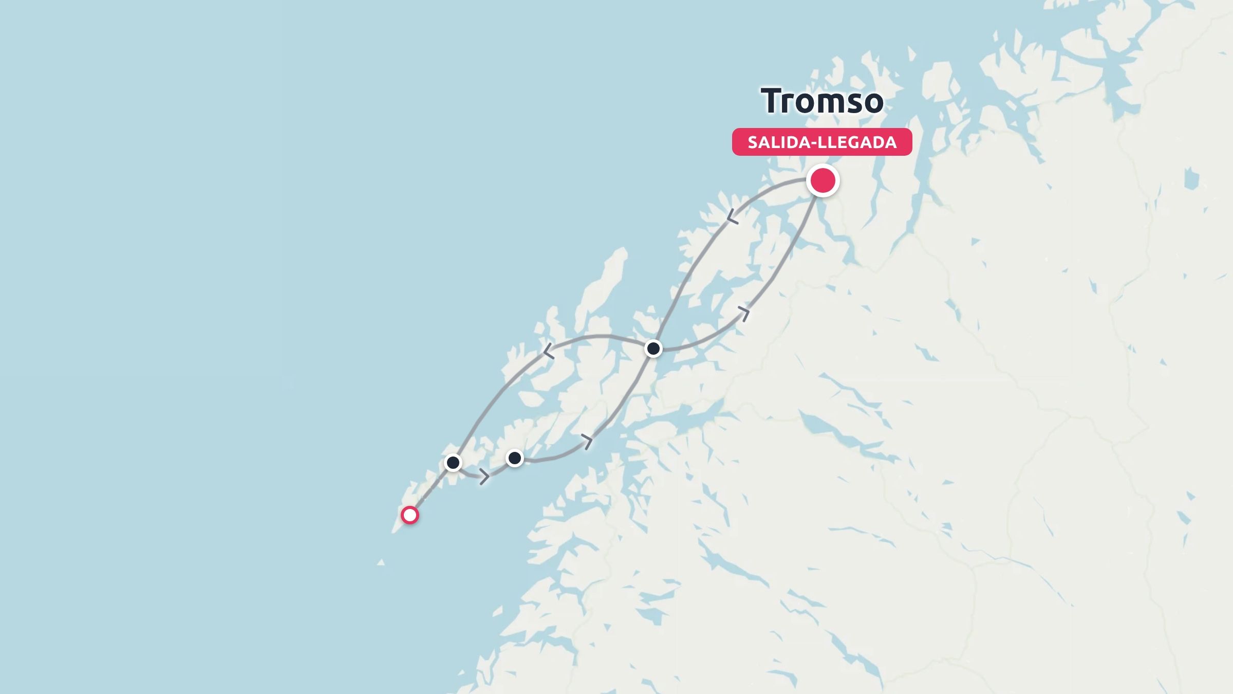 Un mapa de ruta de viaje que muestra un itinerario de ida y vuelta que empieza y termina en Tromso a lo largo de las islas costeras