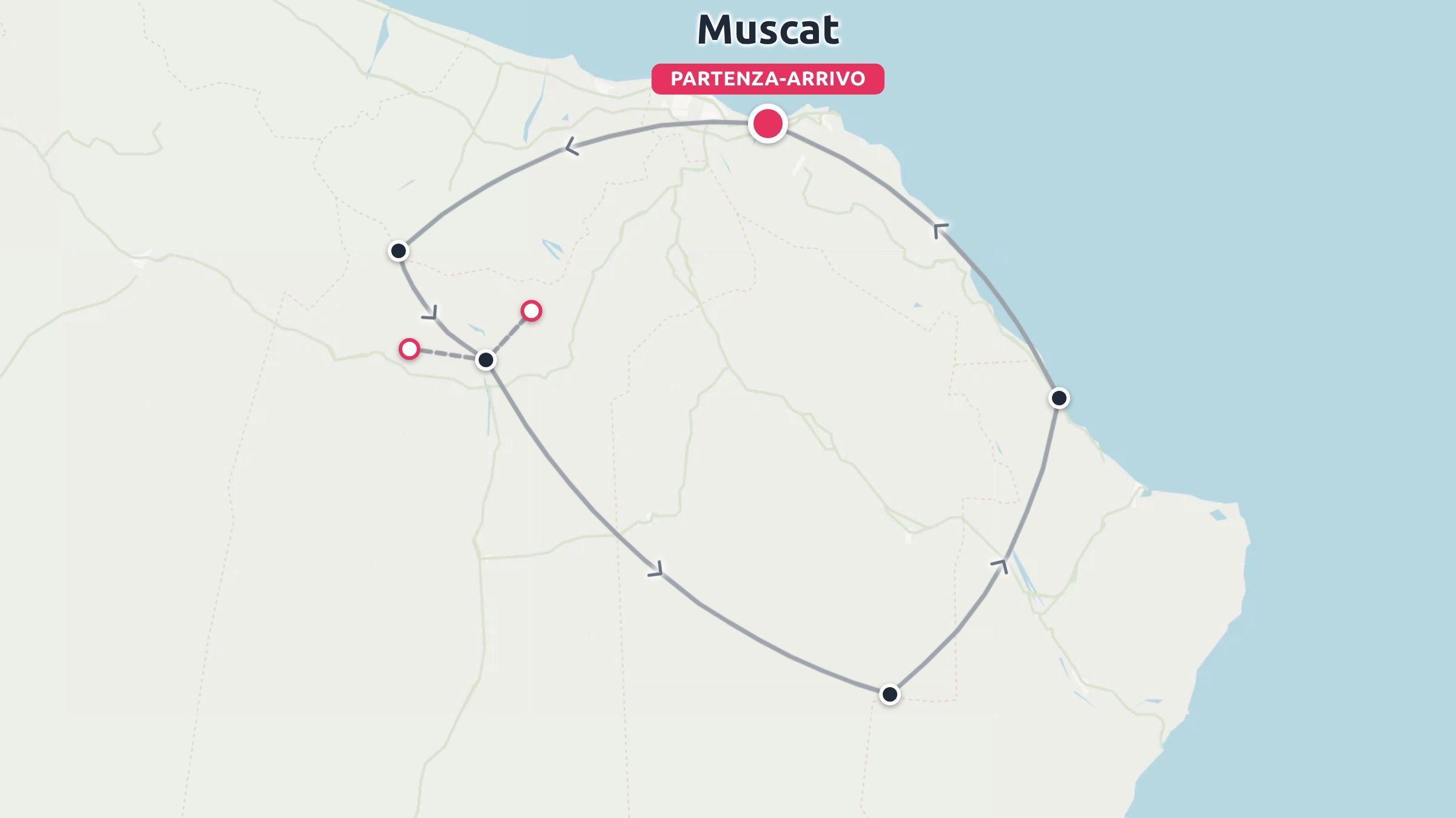 Mappa del percorso di viaggio che mostra un itinerario circolare con punto di partenza e arrivo a Mascate.