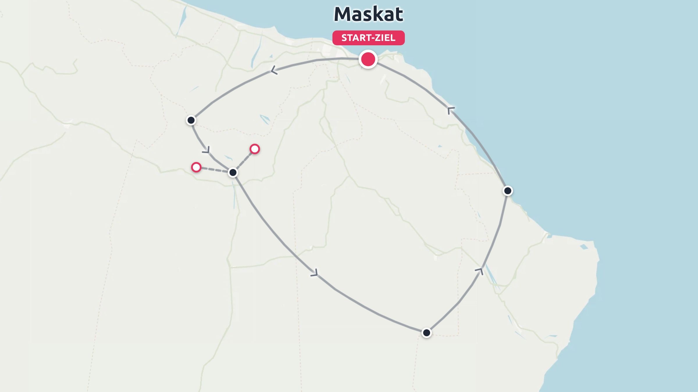 Reiseroute mit einer Rundreise, die in Maskat beginnt und endet, und mehreren markierten Zwischenstopps entlang der Schleife.