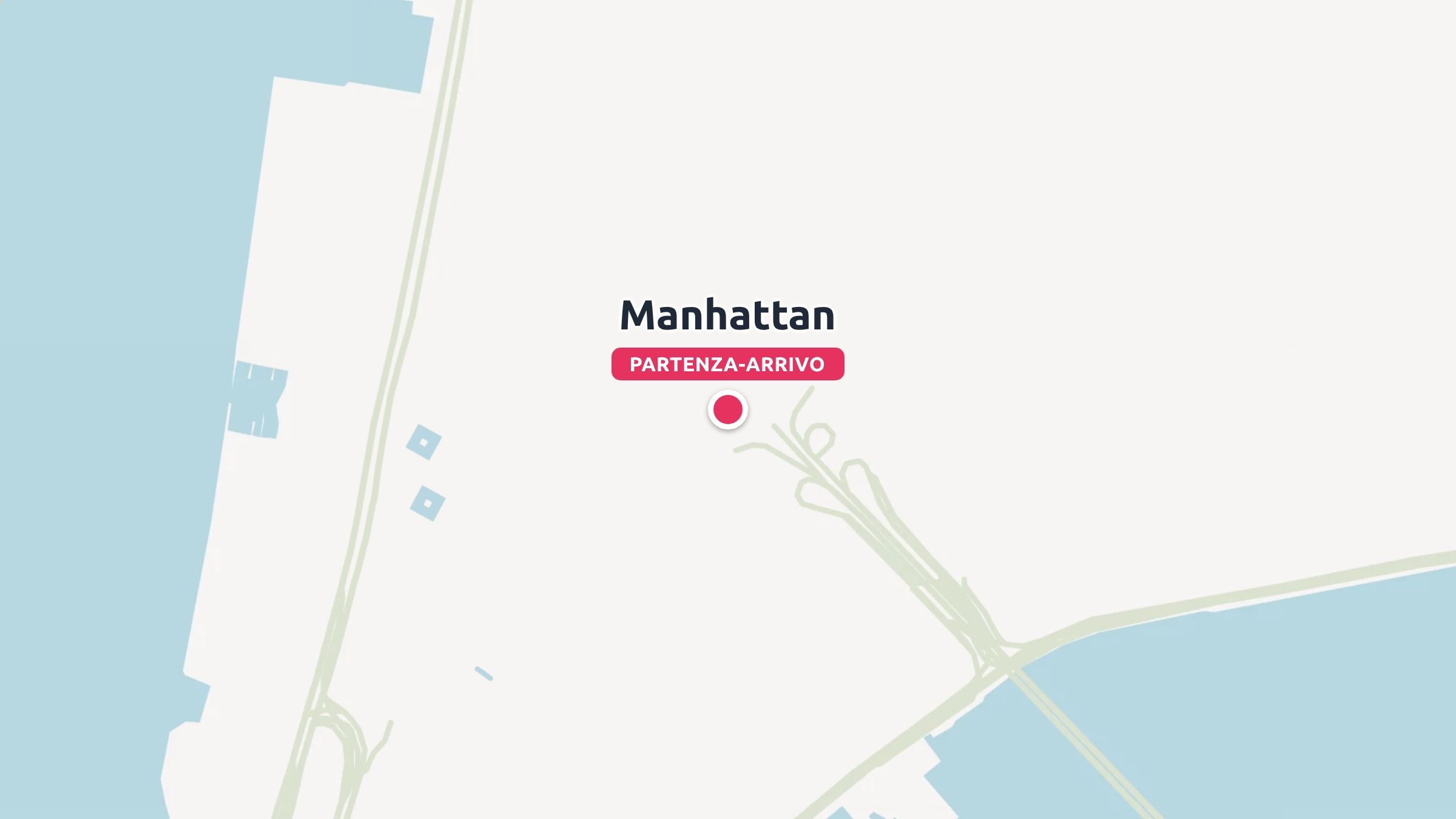 Una mappa di viaggio che segna Manhattan con un pin rosa di partenza e arrivo