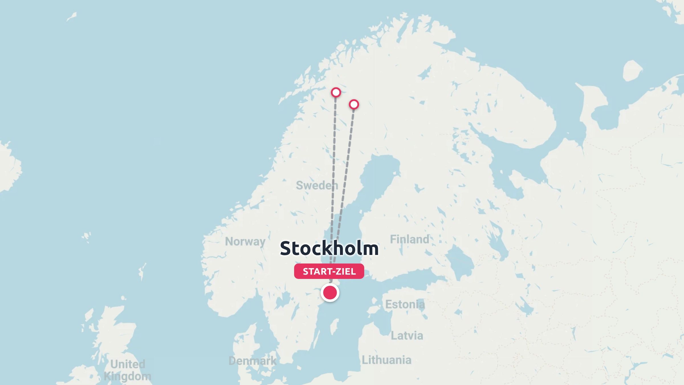 Eine Reisekarte von Skandinavien mit einer Route, die in Stockholm, Schweden, beginnt und endet und in die nördliche Region führt.