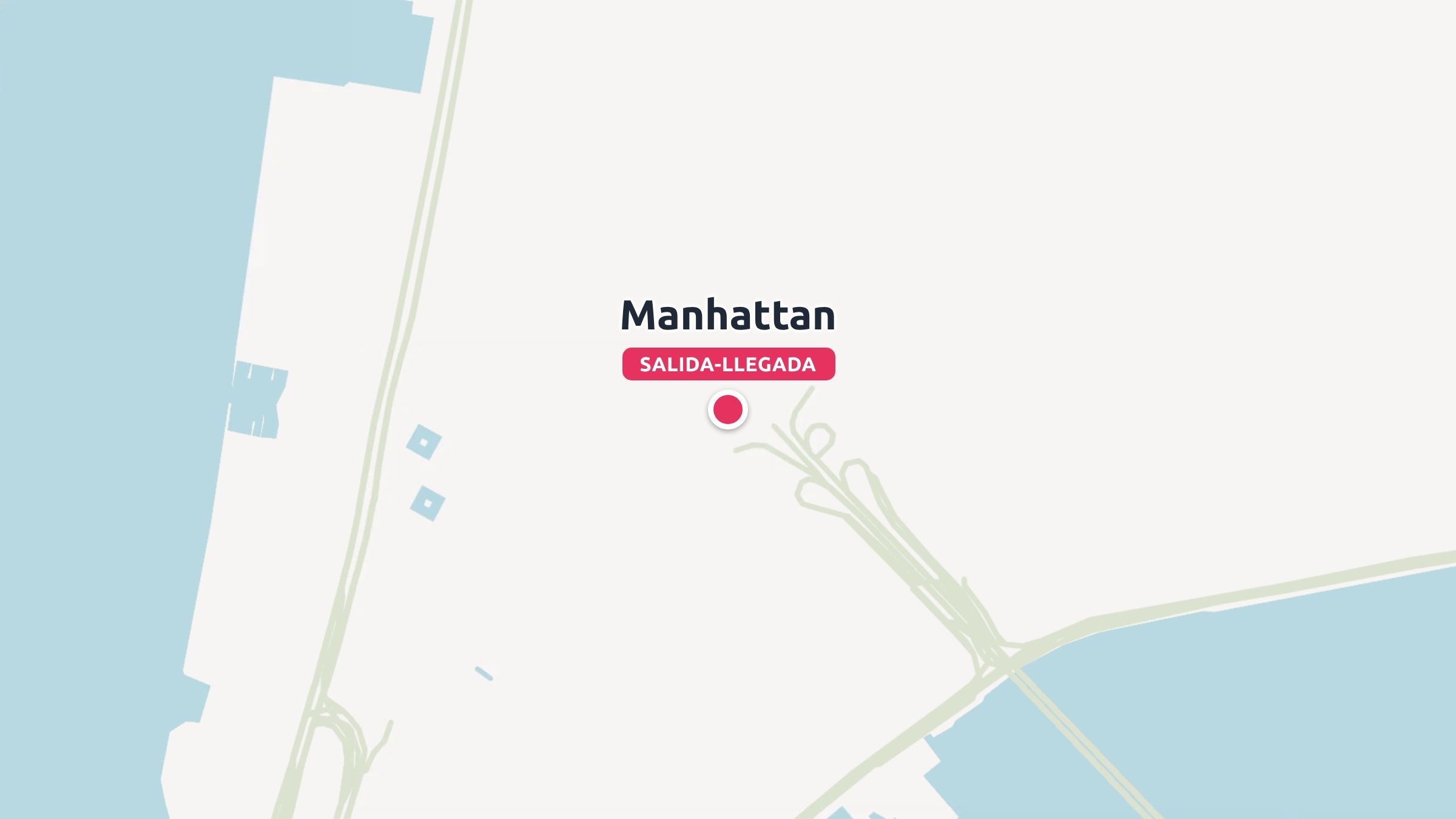 Un mapa de ruta de viaje que marca Manhattan como el punto de salida y llegada con un indicador de pin rojo.