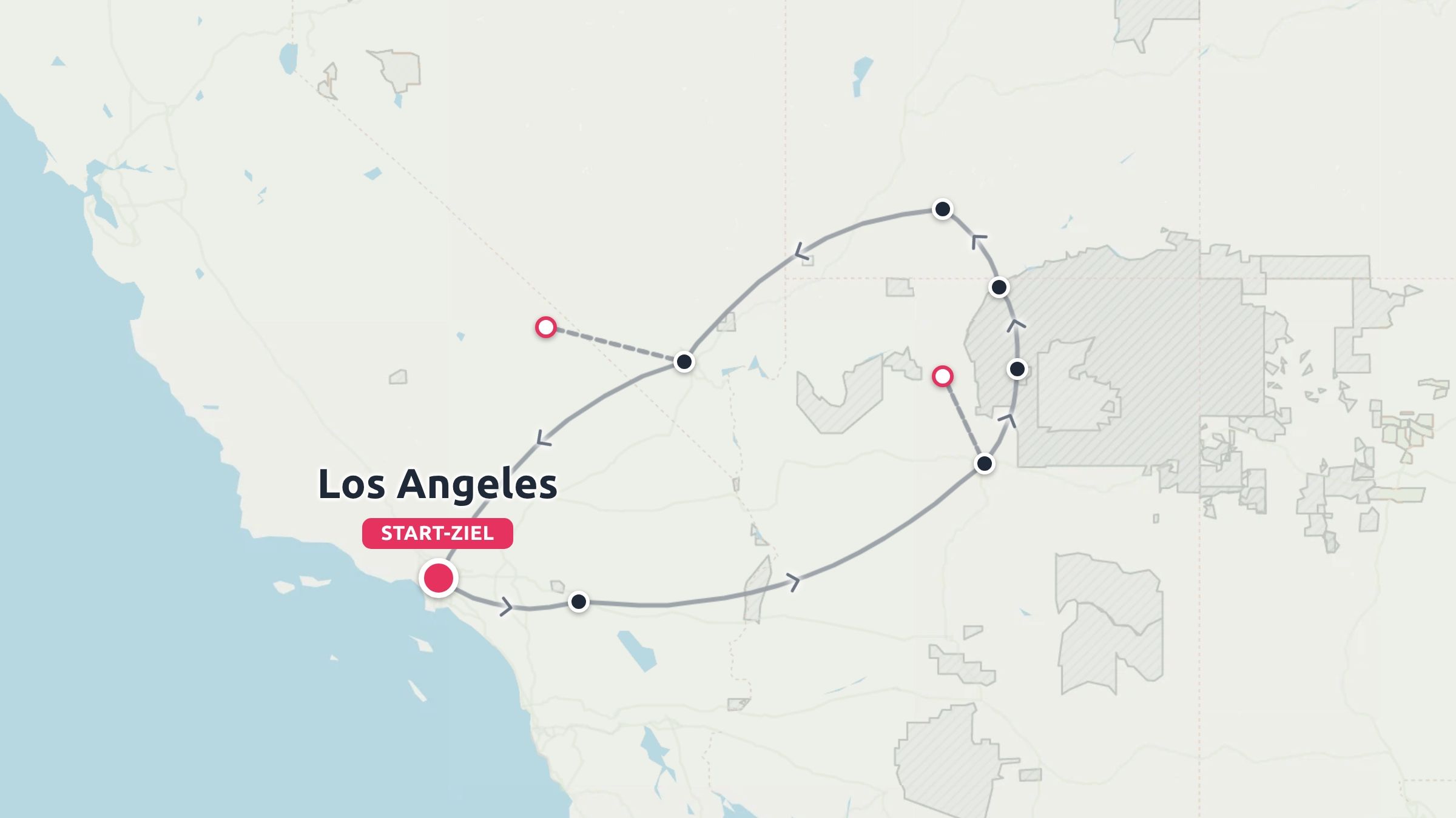 Eine Reisekarte mit einer Rundreise, die in Los Angeles beginnt und endet.