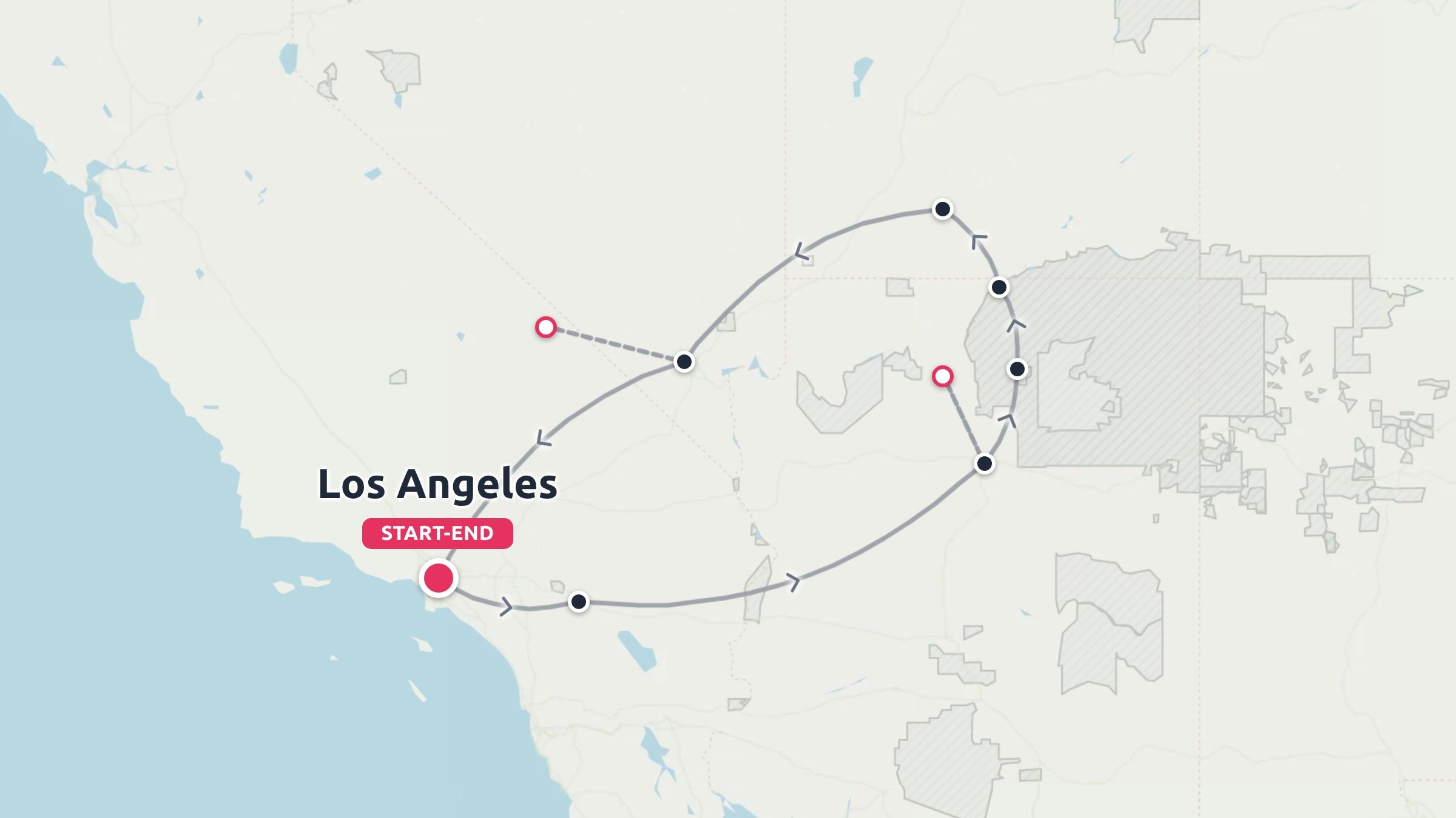 A travel route map showing a looped itinerary across the American Southwest, starting and ending in Los Angeles.