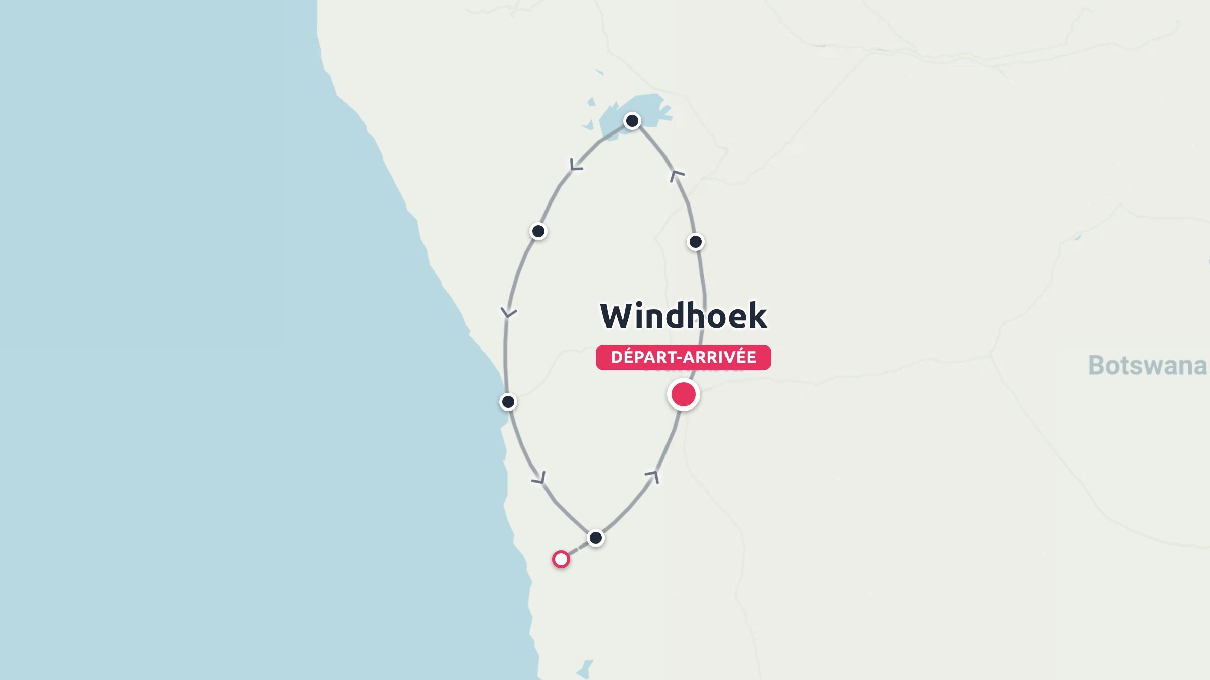 Carte d'itinéraire de voyage montrant un circuit ovale commençant et se terminant à Windhoek près de la frontière du Botswana.