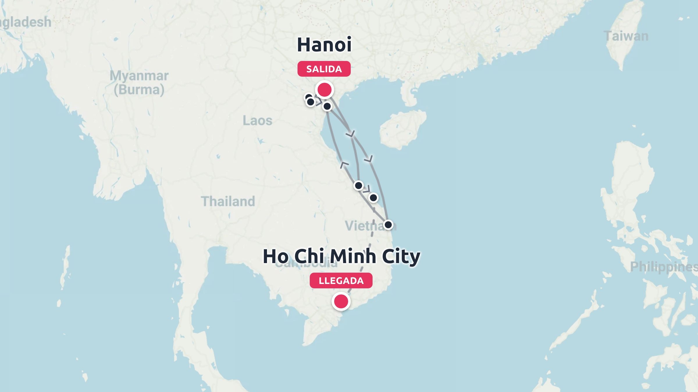Mapa de la ruta de viaje por Vietnam que muestra un viaje que comienza en Hanói y termina en Ciudad Ho Chi Minh
