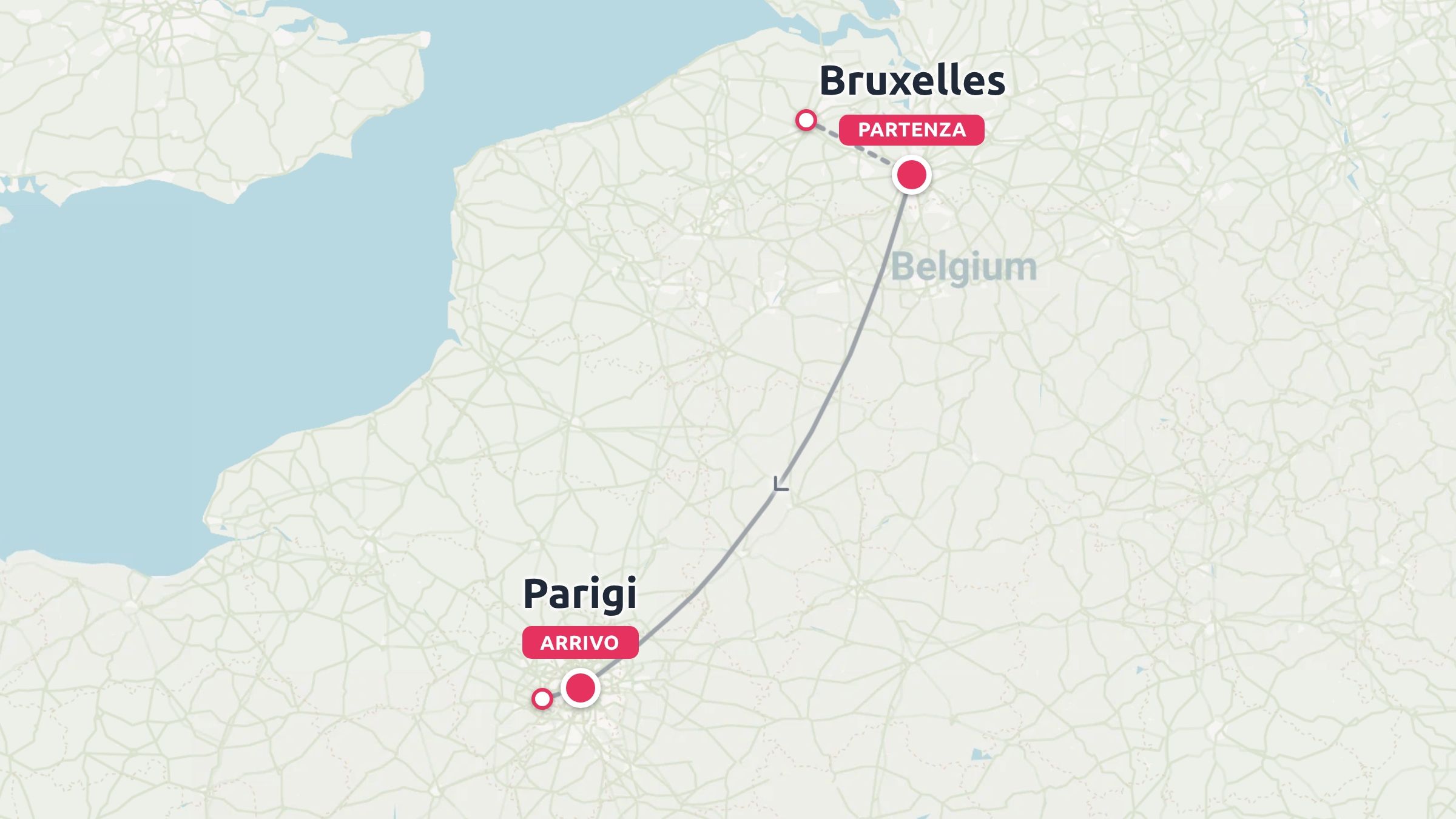 Una mappa dell'itinerario di viaggio che mostra un percorso che inizia a Bruxelles, in Belgio, e porta a Parigi.