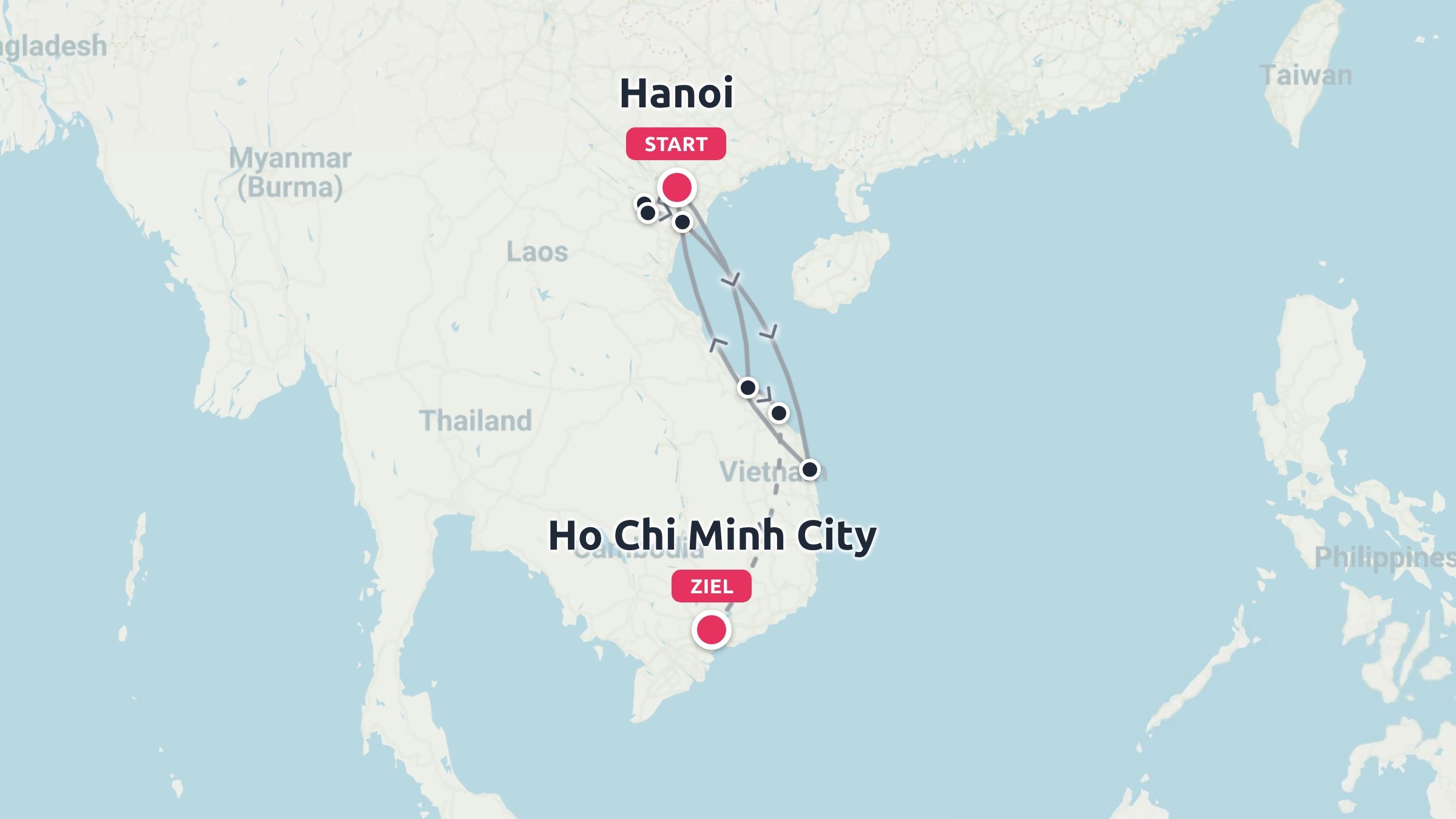 Eine Reiseroute durch Vietnam, die eine Route von Hanoi nach Ho-Chi-Minh-Stadt zeigt.